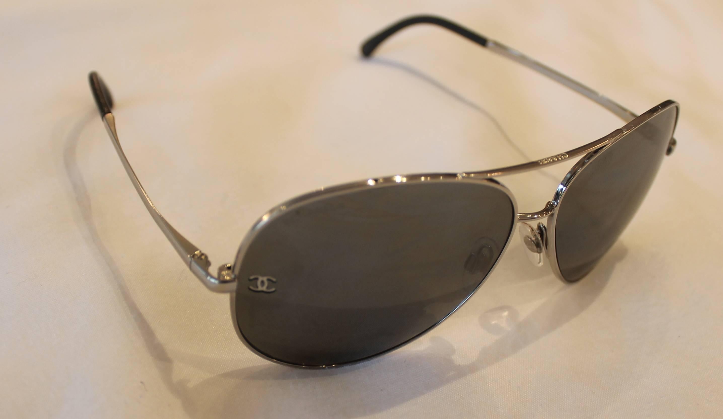 Gray Chanel Silver Aviator with White Quilted Leather Detachable Side Piece