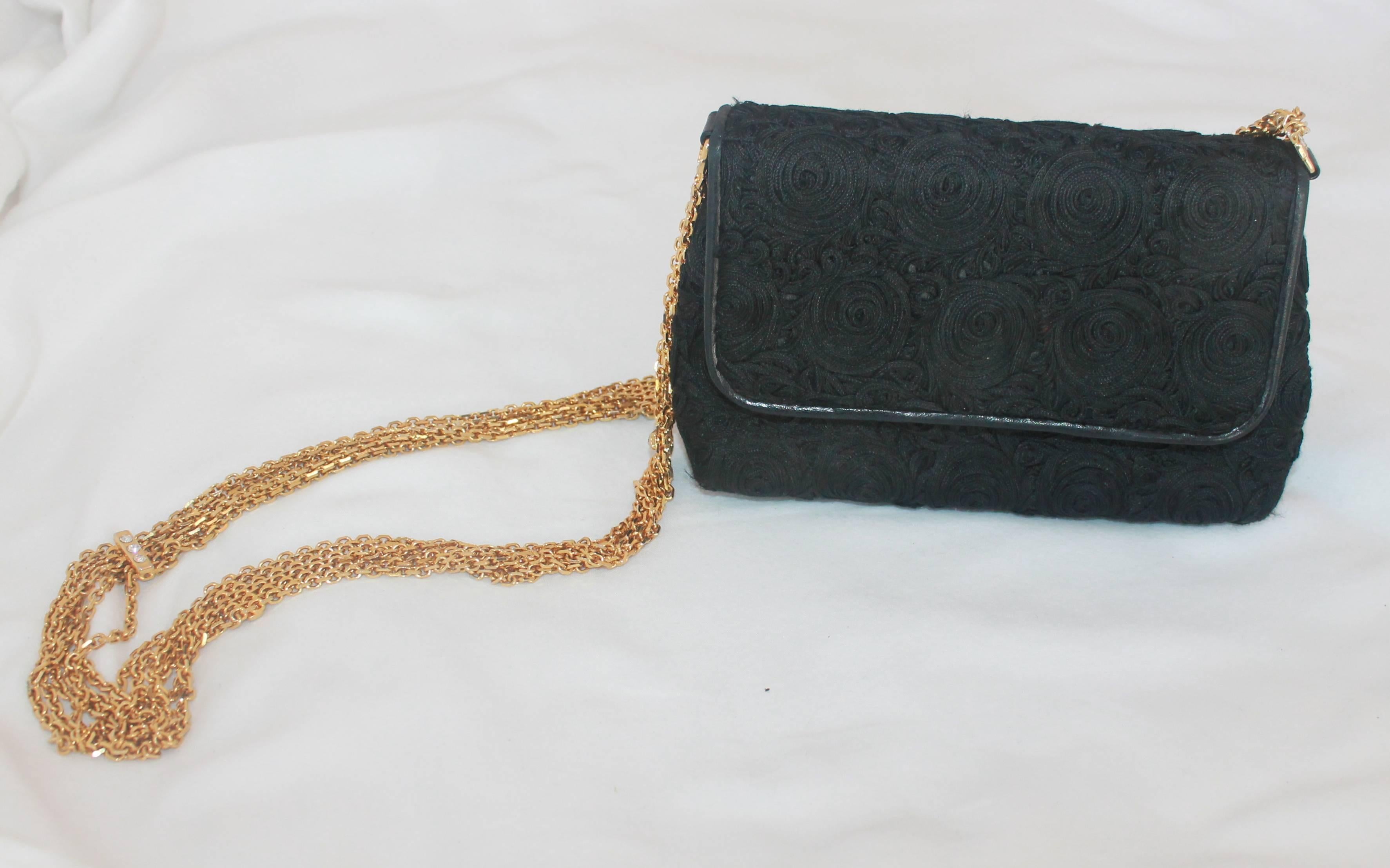 Chanel Black Lace Soutache and Leather Evening Bag - Circa Late 1980's. This beautiful, vintage, Chanel evening bag can be worn over the shoulder or as a crossbody. It is in very good condition and features a single flap, six gold strands with