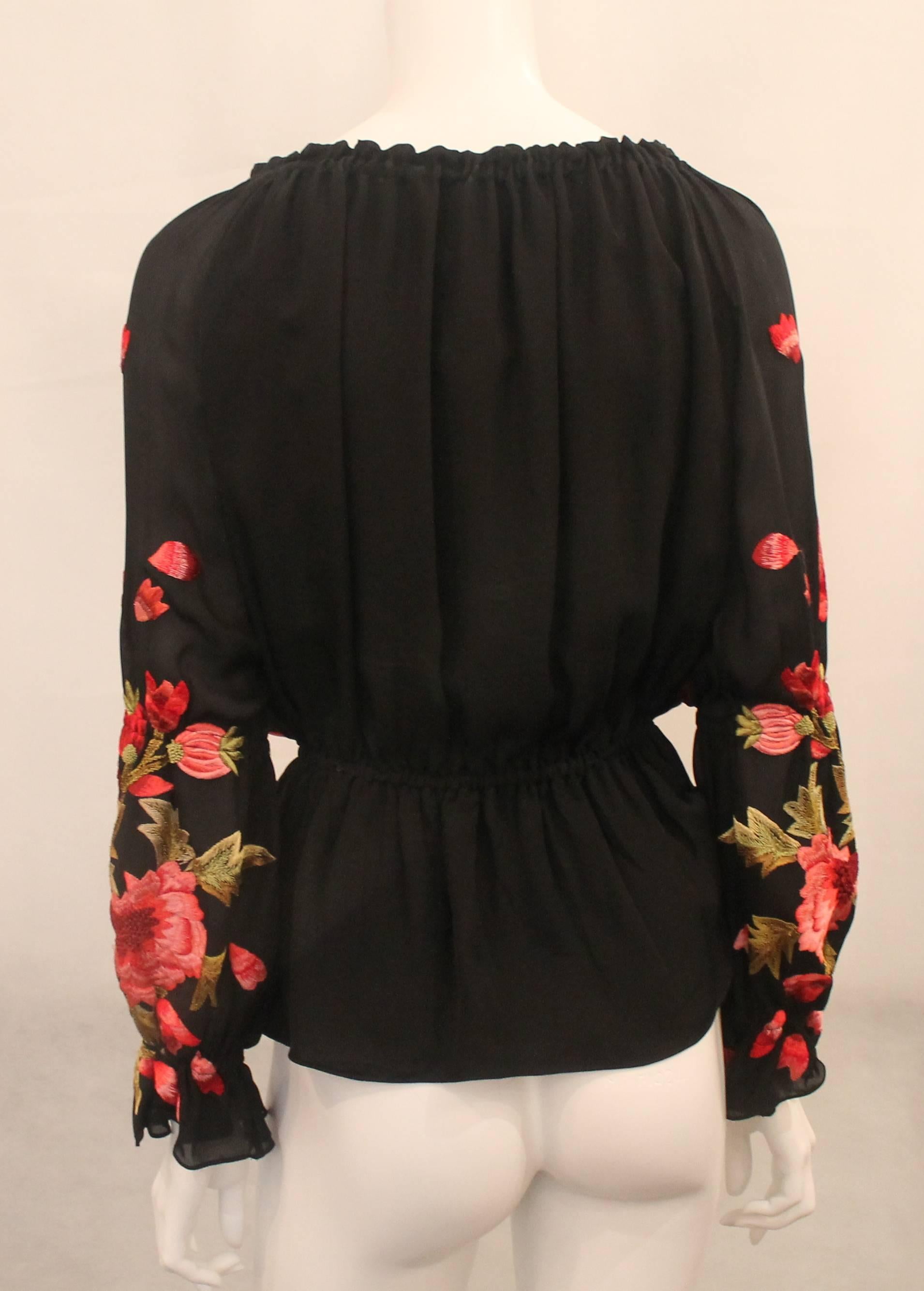 Women's Naeem Khan Black Silk Peasant Blouse with Floral Embroidery - M