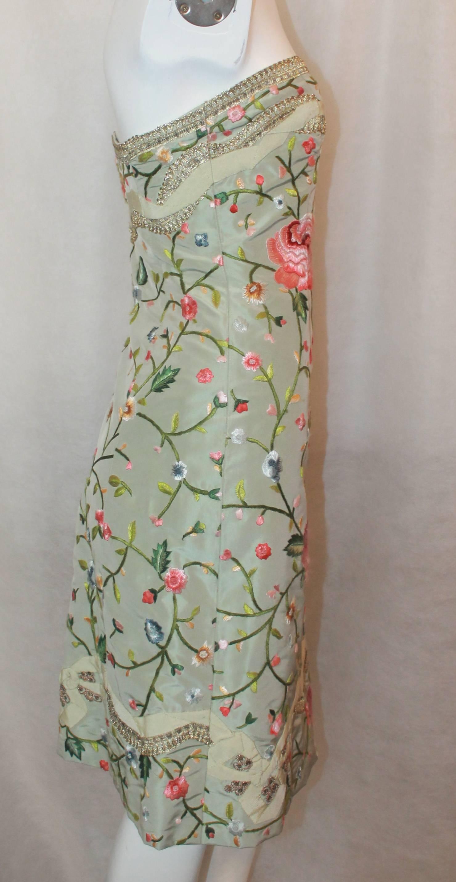 Gray Oscar de la Renta Pastel Green Silk Taffeta Floral Strapless Dress - 4