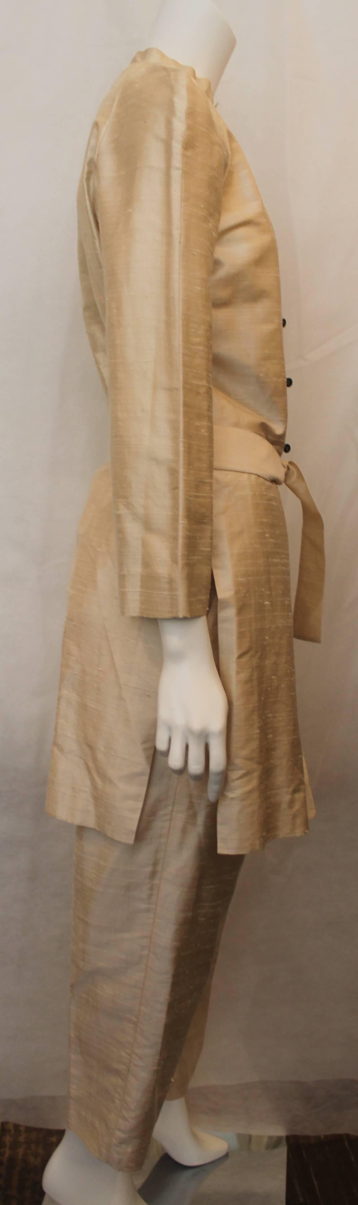 Brown Krizia Ivory Raw Silk Coat & Pant Set with Belt - 42 - 1970's 