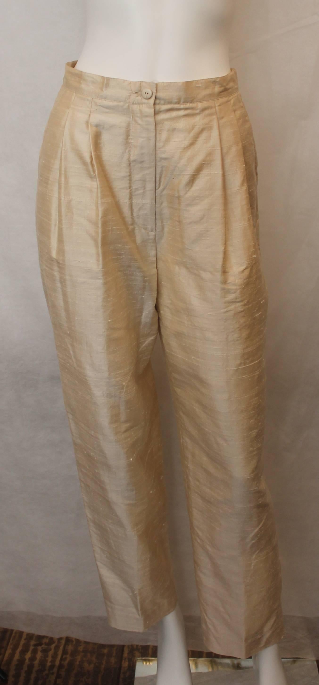 Krizia Ivory Raw Silk Coat & Pant Set with Belt - 42 - 1970's  1