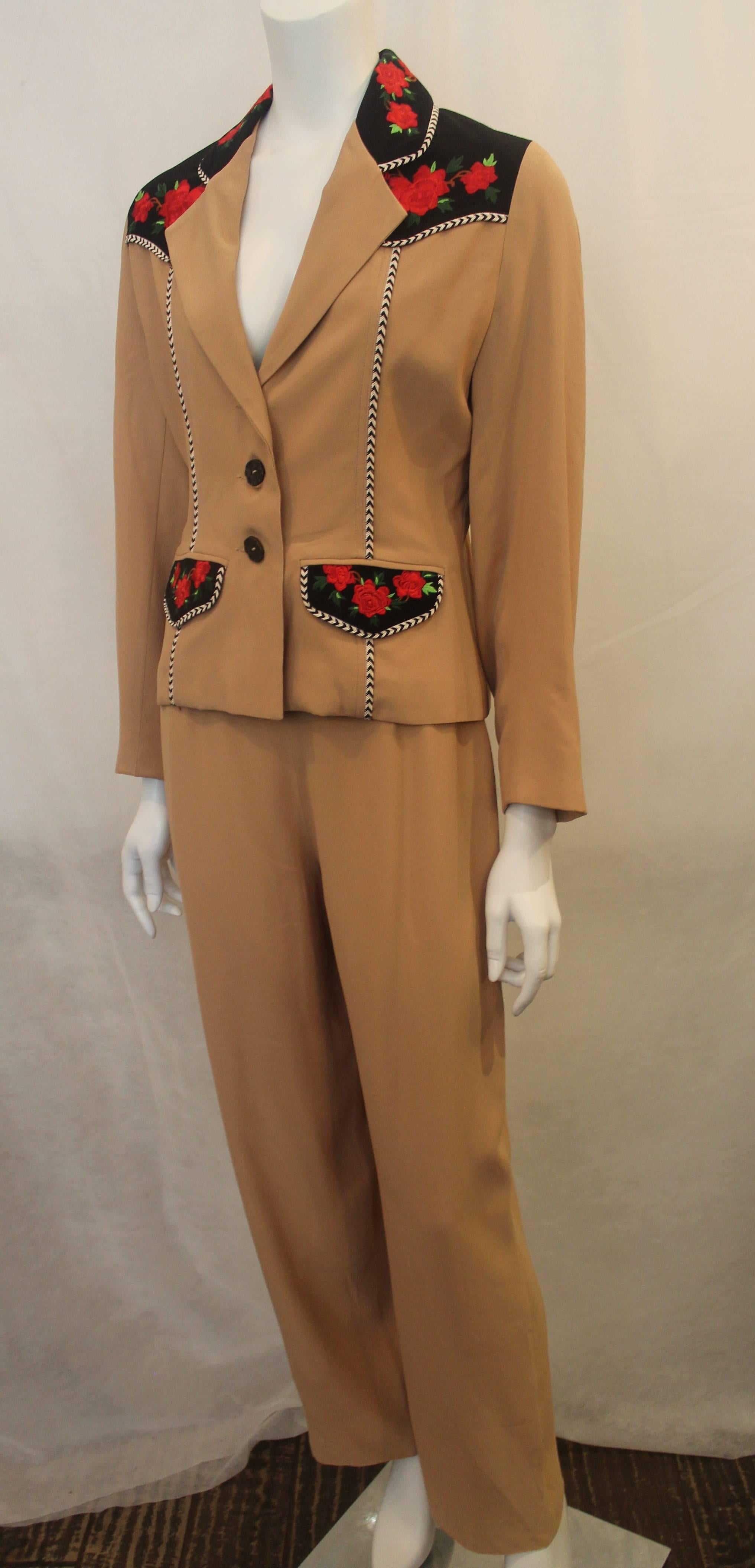 Todd Oldham Tan with Black, Chevron, and Rose Detailing Rayon Suit Set - 8 - 1990's. This set is predominately tan and is composed of rayon. The jacket has some black and ivory chevron trim, buttons, pockets, and red roses with green leaves on black