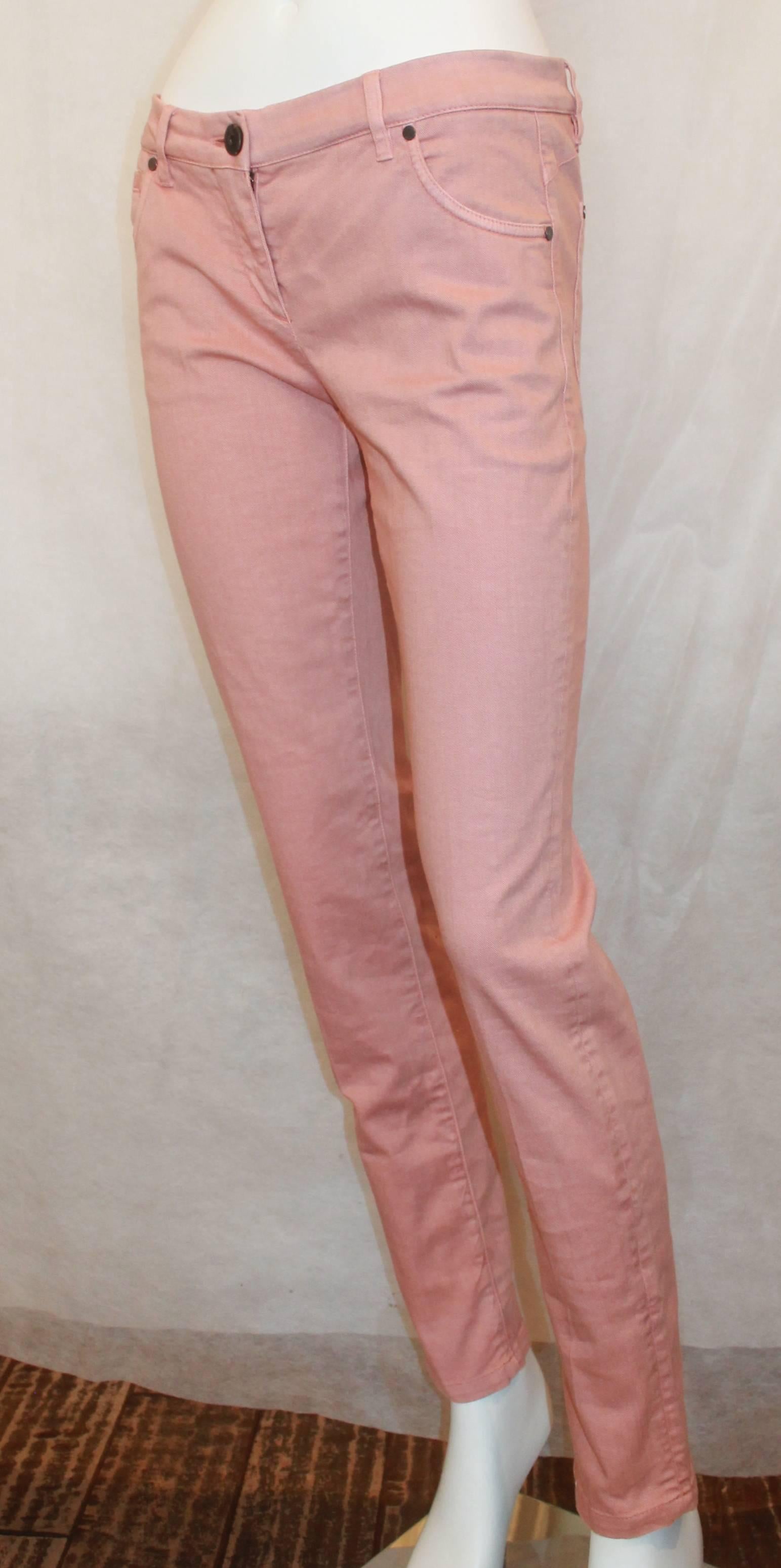 Brunello Cucinelli Blush Cotton Jeans - 6. These fun blush colored jeans add a twist to the normal jean look! There have 5 pockets and are in excellent condition.

Measurements:
Waist: 30