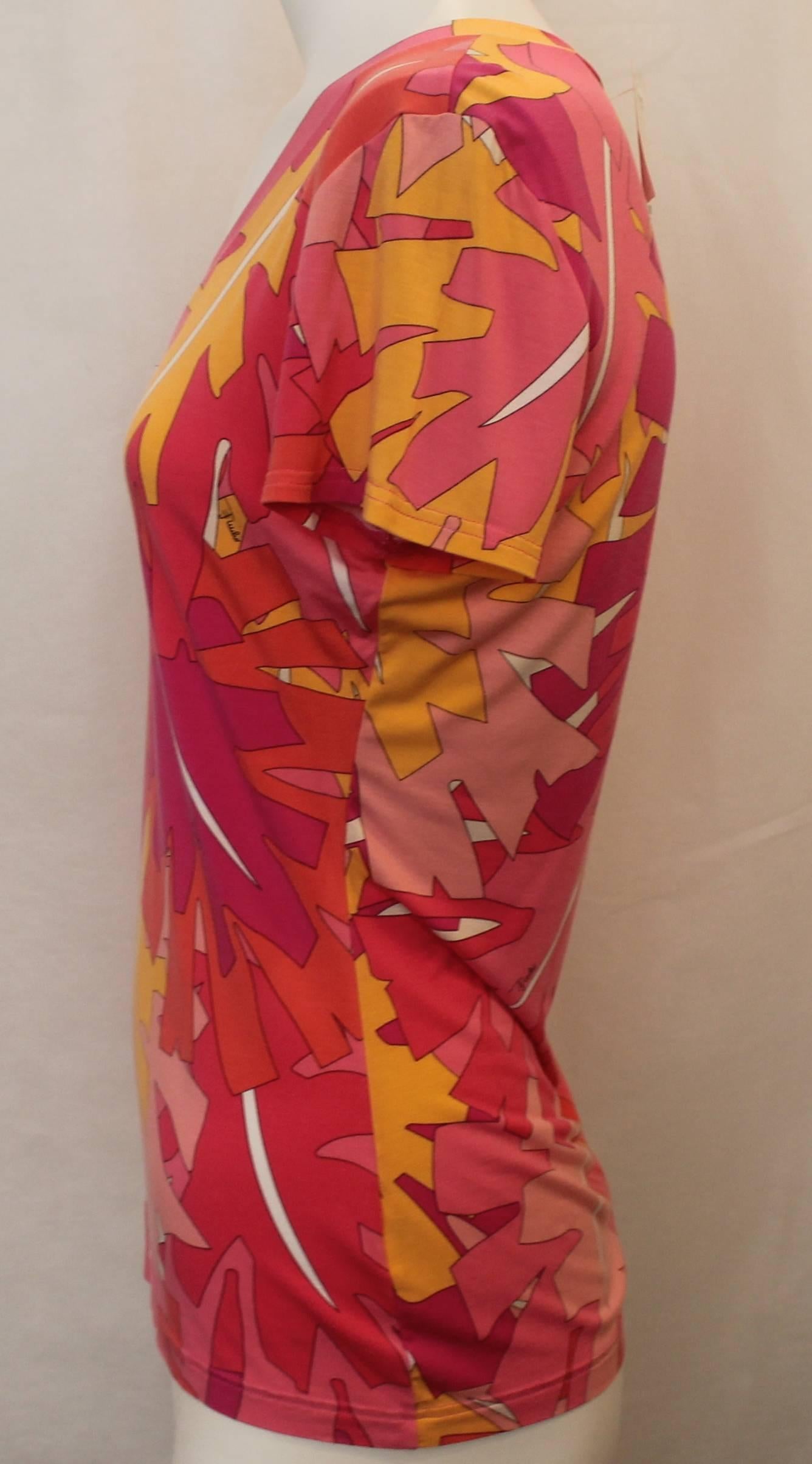 Red Emilio Pucci Pink and Orange Printed Synthetic Blend Short Sleeve V-Neck Top - L