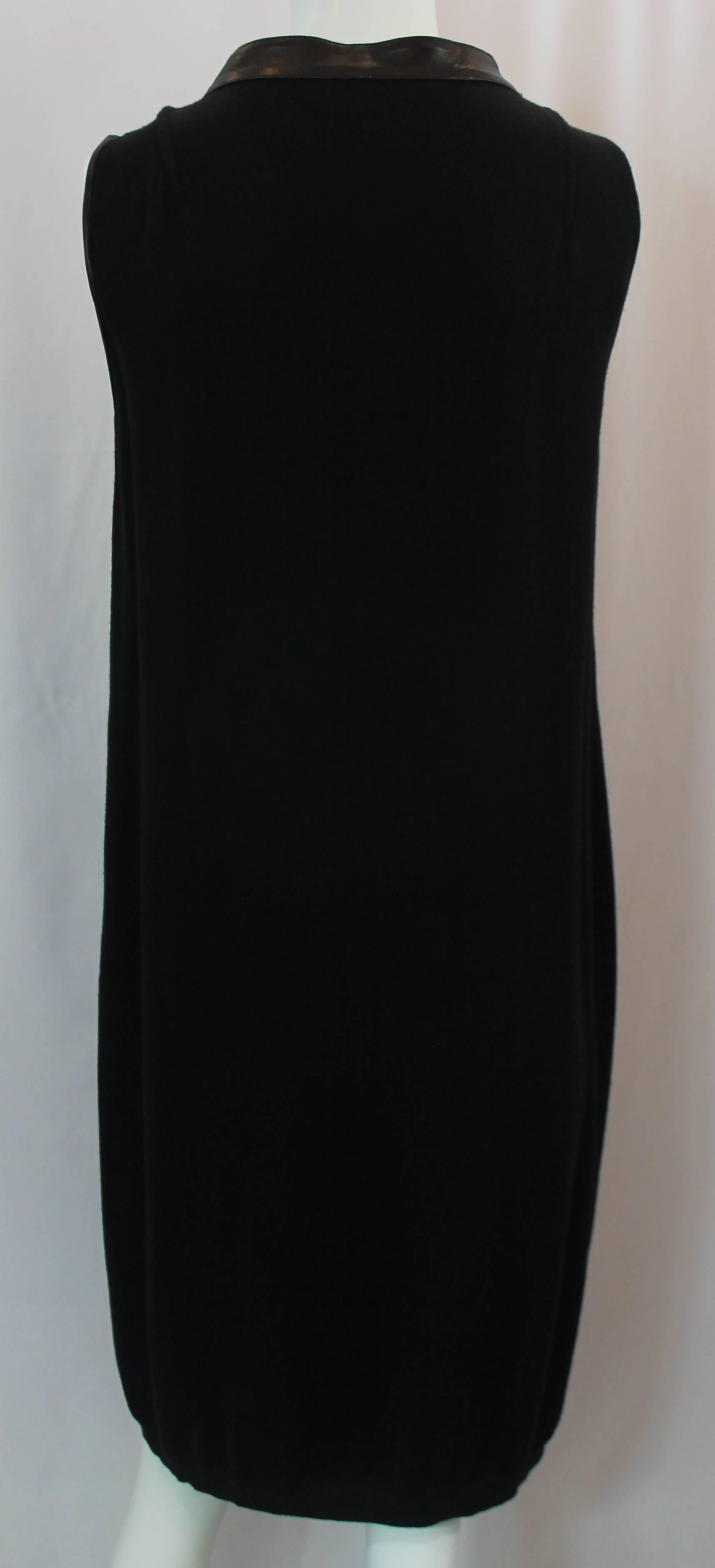 Women's Yves Saint Laurent Black Wool Sleeveless Knit Shift Dress with Leather Collar -M