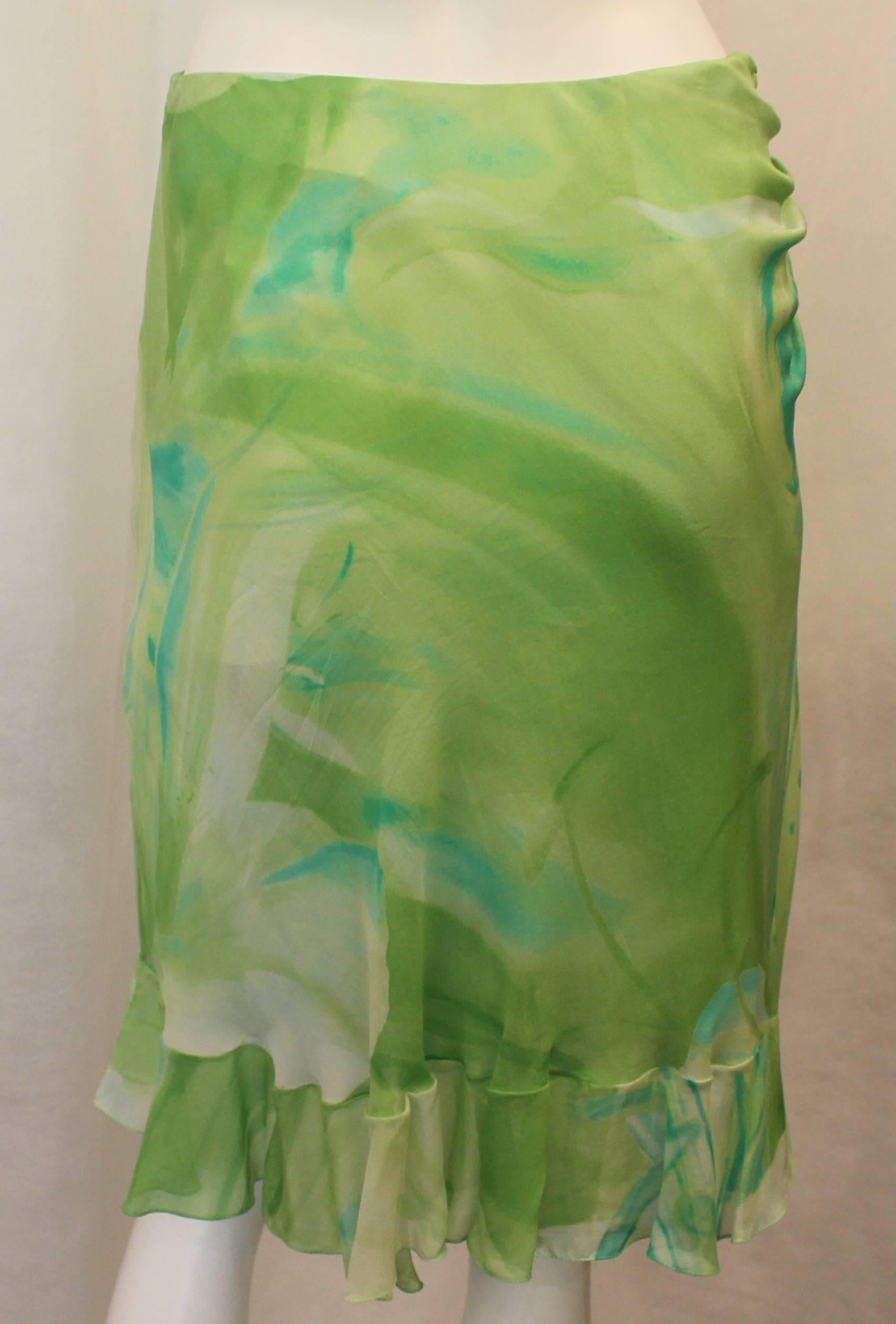 Women's Oscar de la Renta Green Watercolor-Like Floral Printed Silk Chiffon Skirt  For Sale