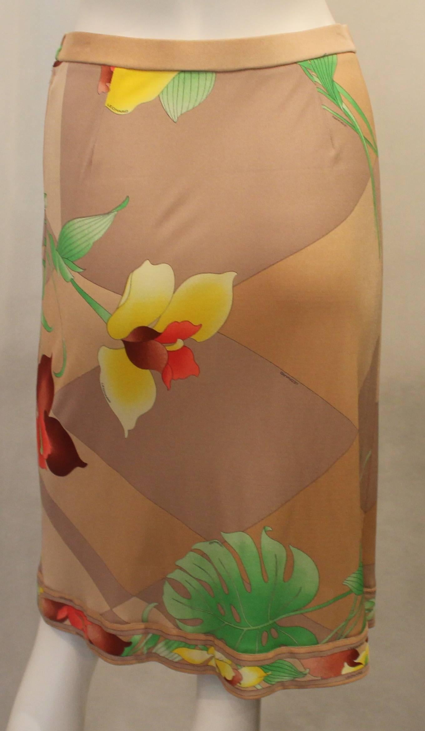 Brown Leonard Tan Silk Jersey Skirt with Large Floral Print - 38  For Sale