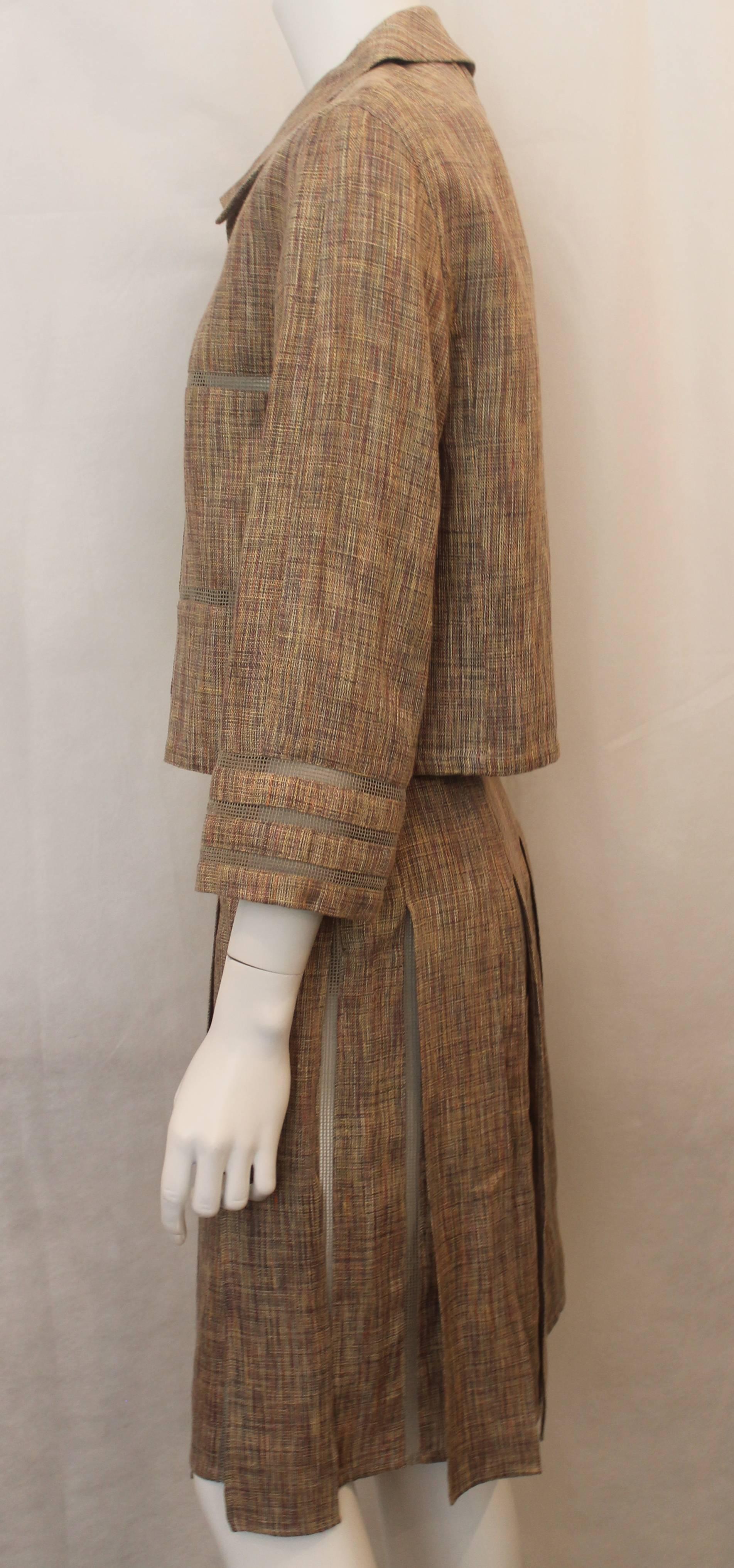 Brown Chanel Earthtone Linen Blend Skirt Suit with Mesh Detail - 38 - 99P For Sale