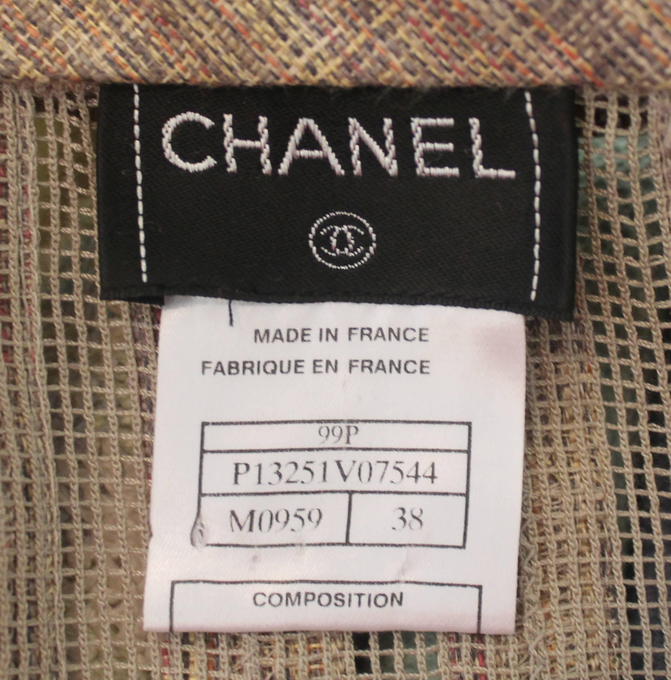 Women's Chanel Earthtone Linen Blend Skirt Suit with Mesh Detail - 38 - 99P For Sale