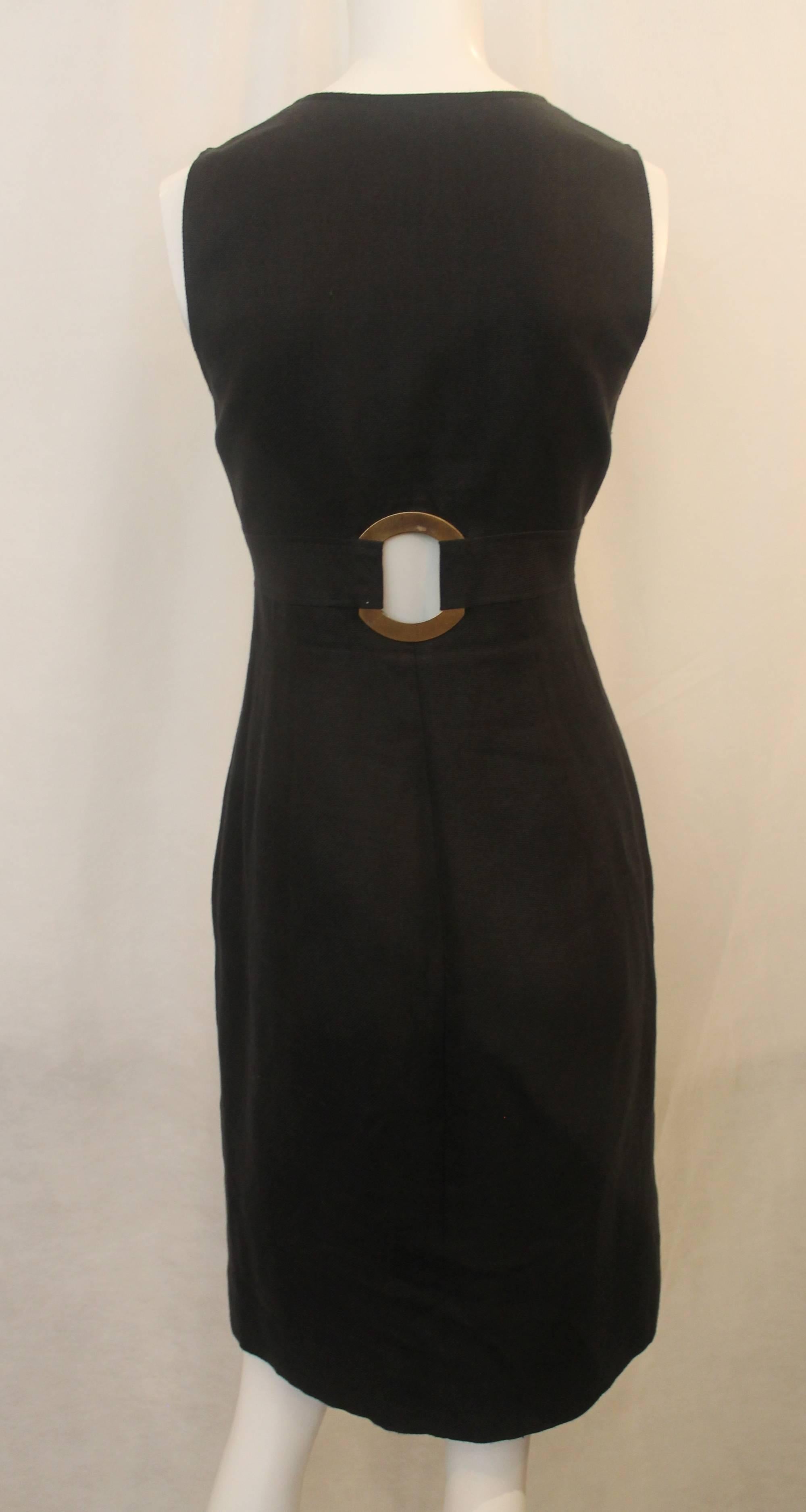 Women's Valentino Black Linen Sleeveless Dress with Grommet Belt - 6