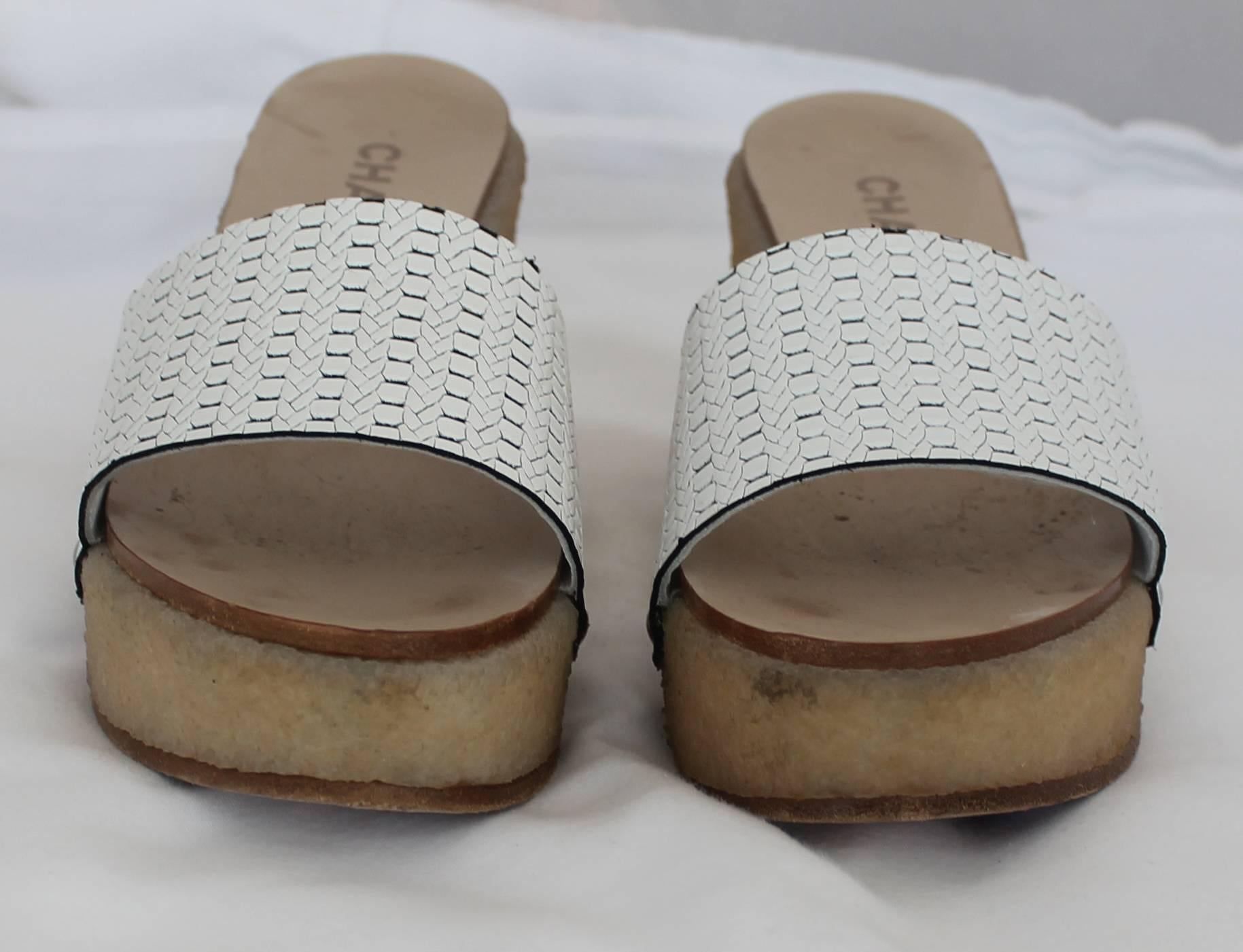 Beige Chanel White Plastic Wedges with Tan Textured Rubber - 36