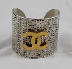 Chanel Sterling Silver Etched Cuff with Hammered Gold "CC" -  late 1970's
