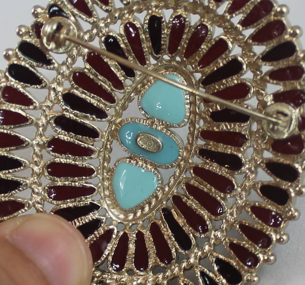 Women's or Men's Chanel Byzantine Goldtone Red Gripoix & Turquoise Brooch - 2014 