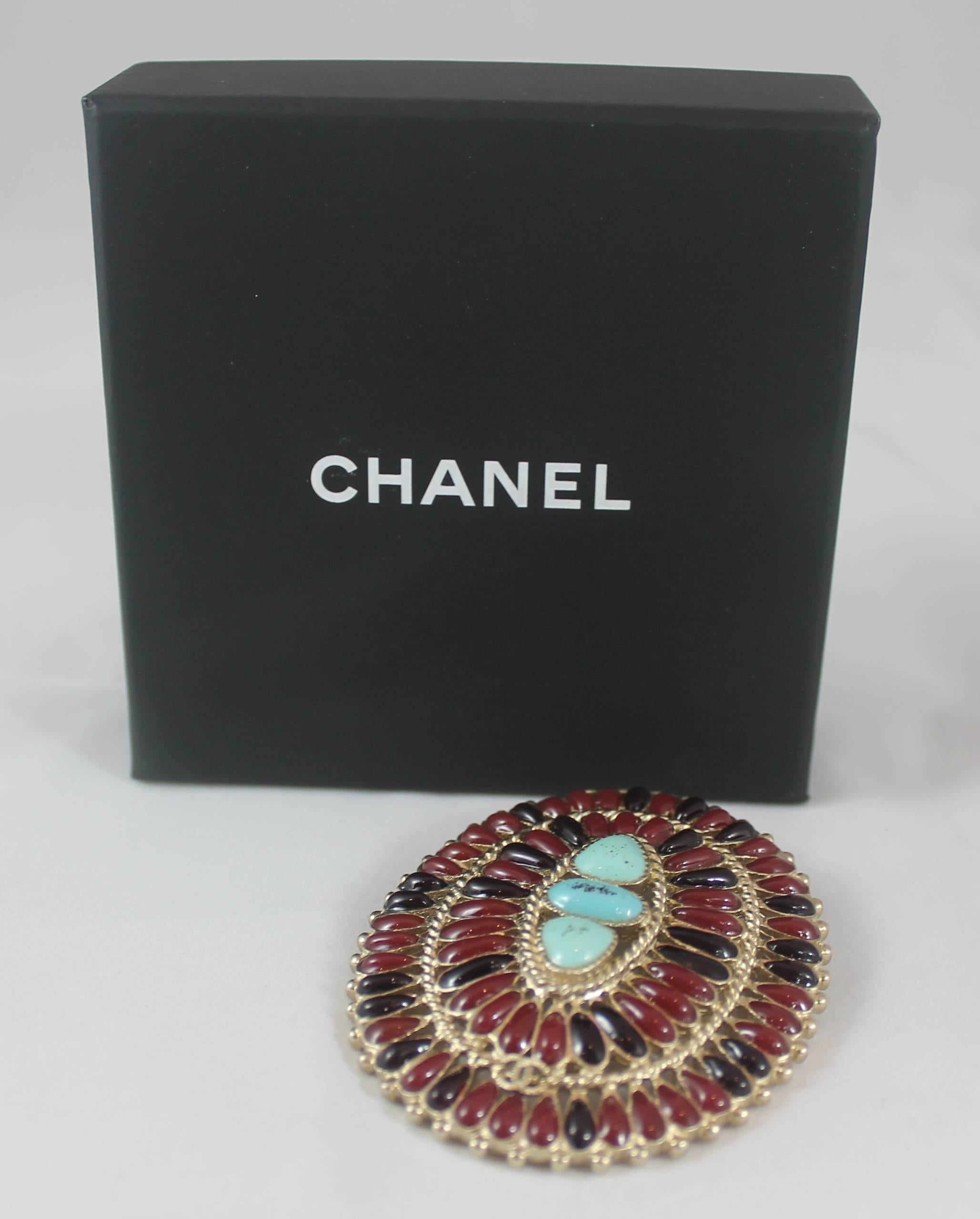 Chanel Byzantine Goldtone Red Gripoix & Turquoise Brooch - 2014  1