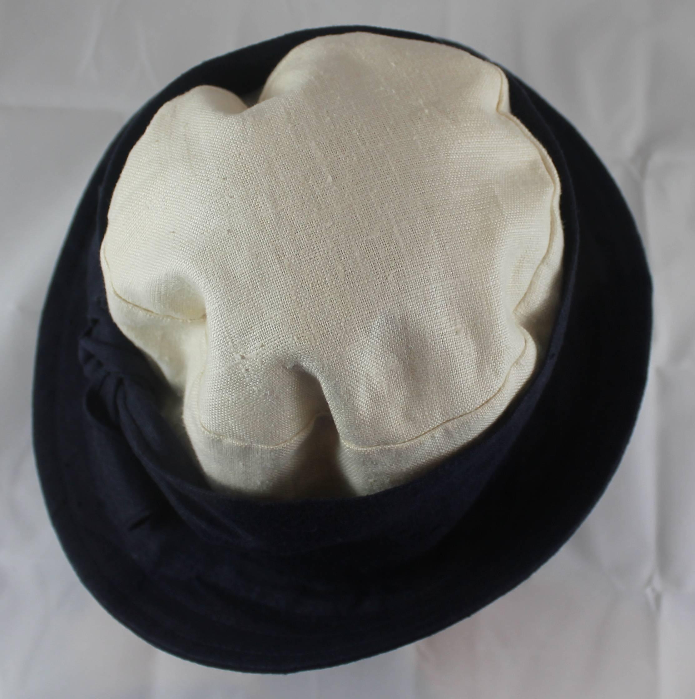 Black Deborah Rhodes Collection Ivory & Navy Canvas Hat with Front Tie 