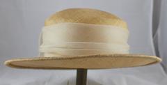 Suzanne Couture Millinery Tan Straw Hat with Taupe Silk Chiffon Ribbon