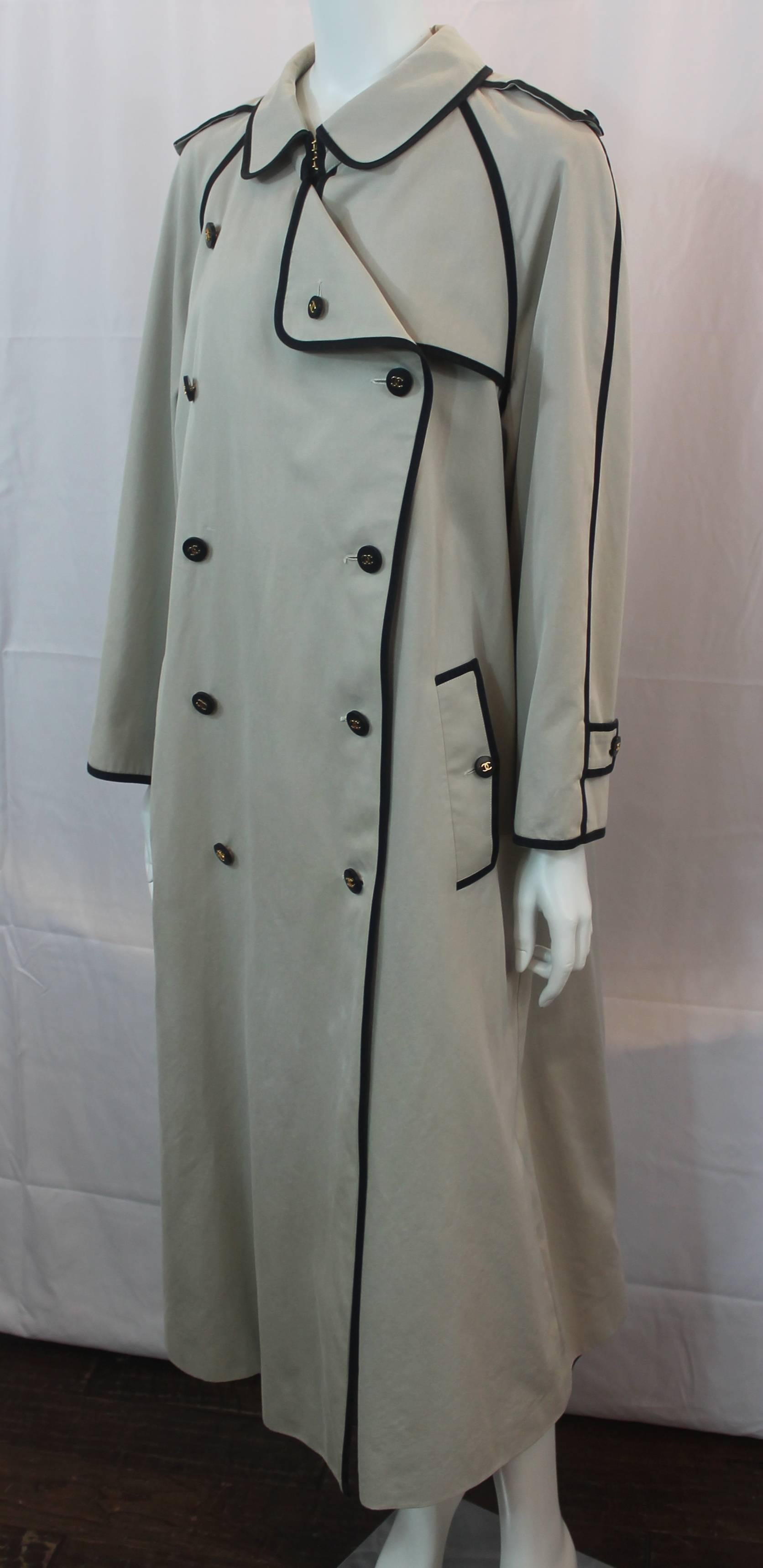 Chanel Khaki Trench Coat with Black Trim with Black and Gold 
