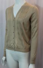 Chanel Beige Cashmere Blend Pleated Cardigan with Gold Camellia Buttons- 40- 06A