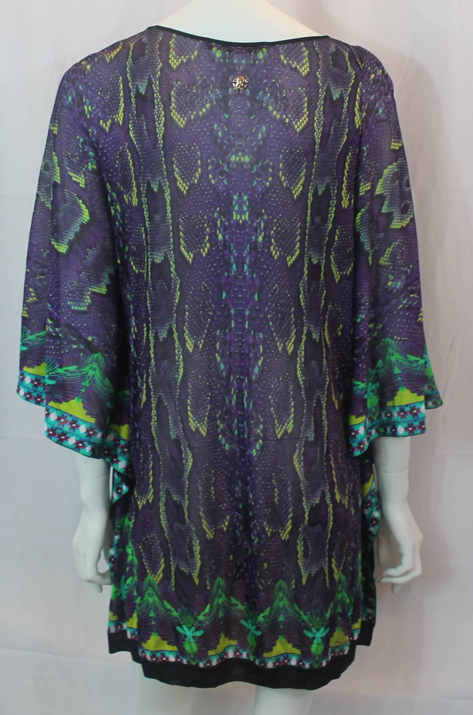 Roberto Cavalli Purple and Lime Snake Printed Knit Oversize Tunic Top - M In Excellent Condition In West Palm Beach, FL
