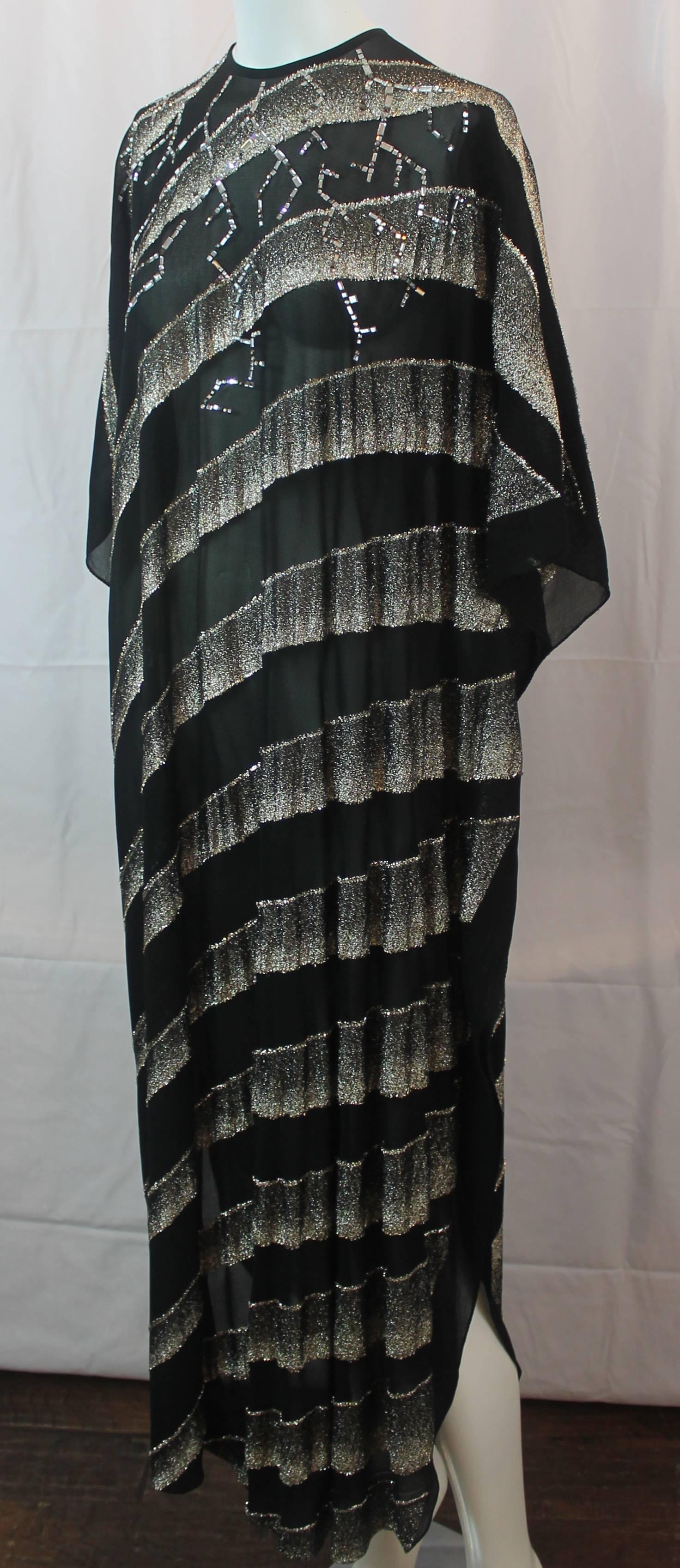 Libertine Black and Gold Silk Chiffon Caftan with Rhinestones - OS. This vintage sheer caftan is black with gold tinsel stripes. Around the neckline there is a rhinestone design. It is in excellent vintage condition showing only light wear. Its tags