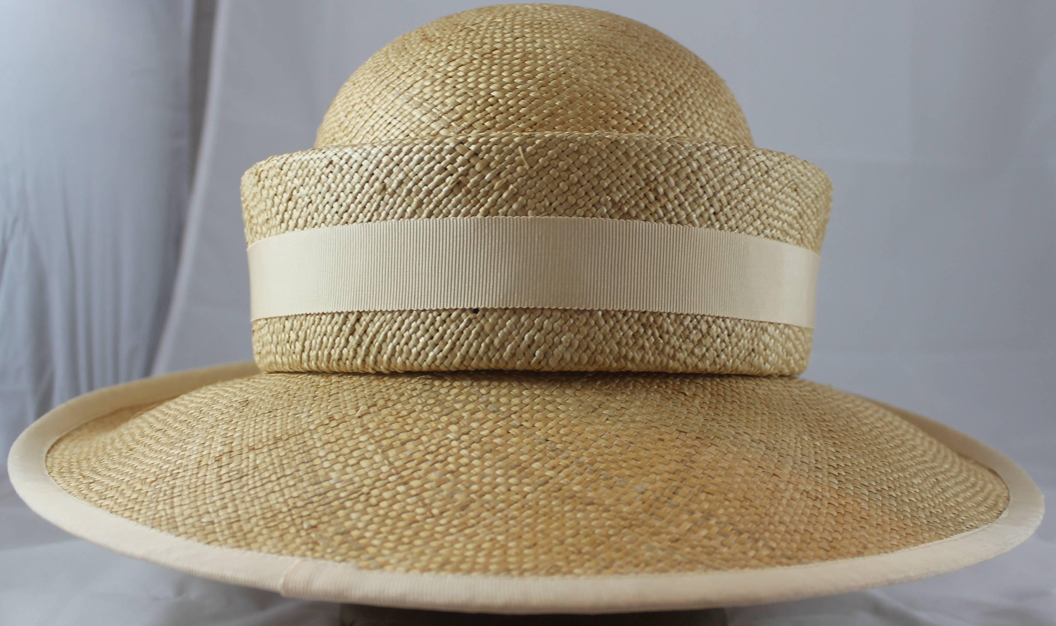 Suzanne Couture Millinery Tan Straw Hat with Ivory Ribbon Trim and Bow ...