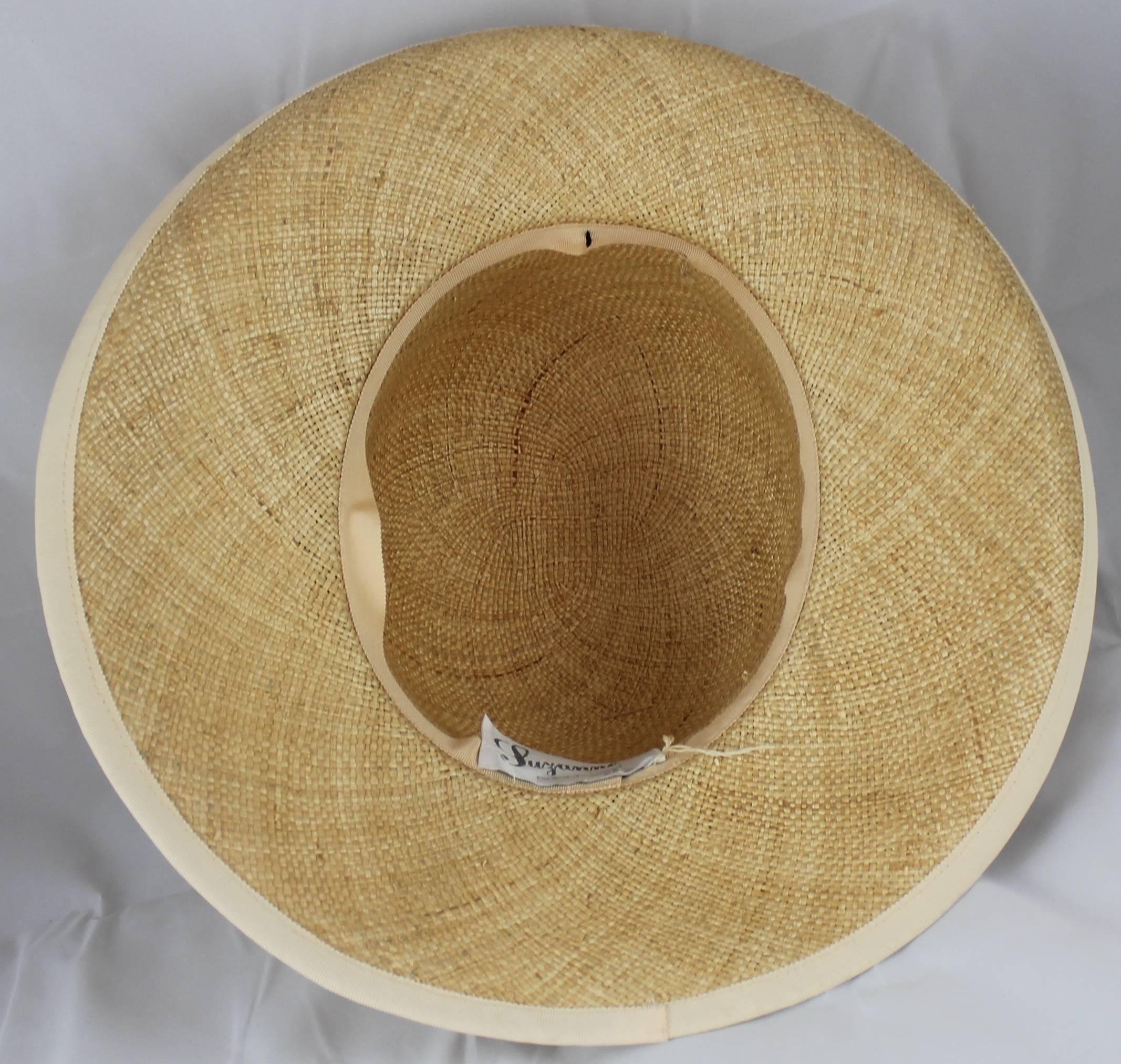 Suzanne Couture Millinery Tan Straw Hat with Ivory Ribbon Trim and Bow ...