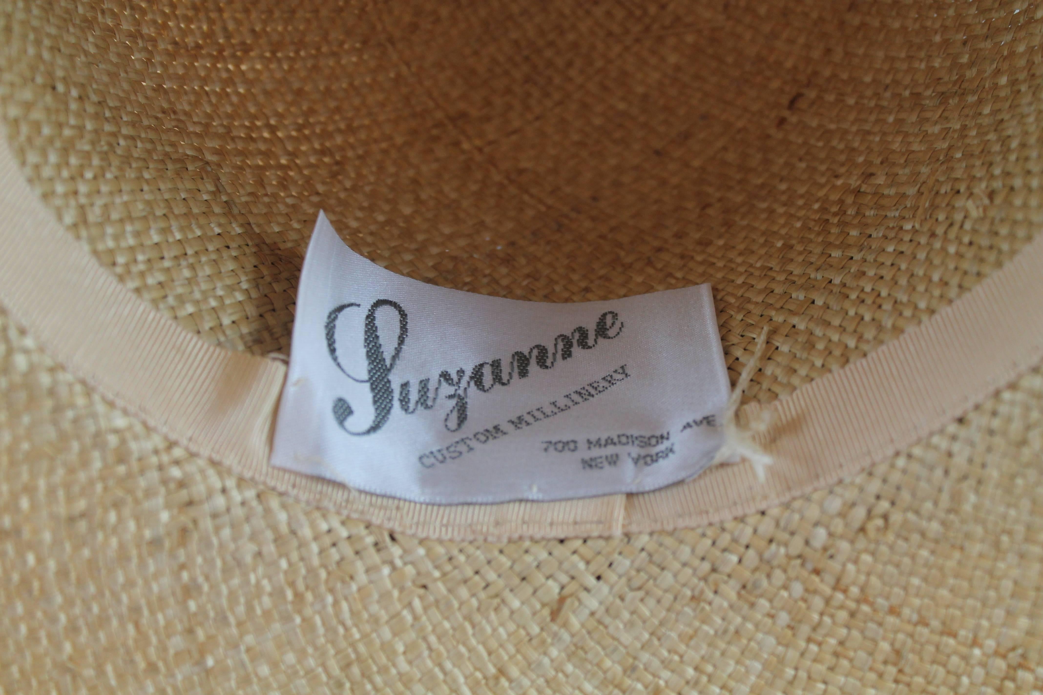 Brown Suzanne Couture Millinery Tan Straw Hat with Ivory Ribbon Trim & Bow  For Sale