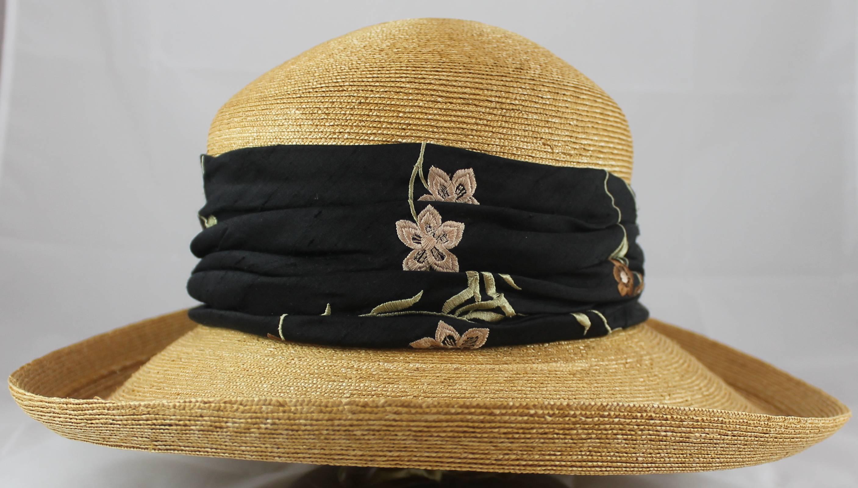 Beige Suzanne Couture Millinery Tan Straw Hat with Black Floral Ribbon 