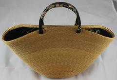 Suzanne Couture Millinery Small Tan Woven Straw Bag with Floral Handles