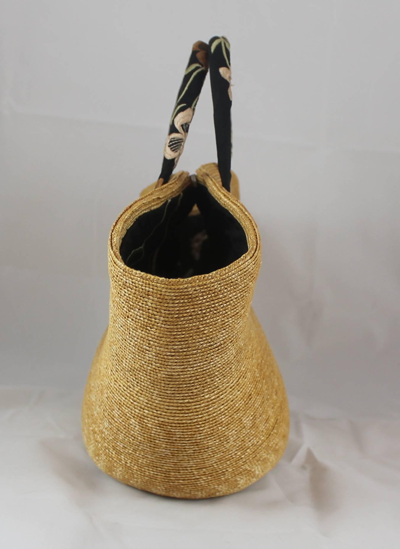 Brown Suzanne Couture Millinery Small Tan Woven Straw Bag with Floral Handles