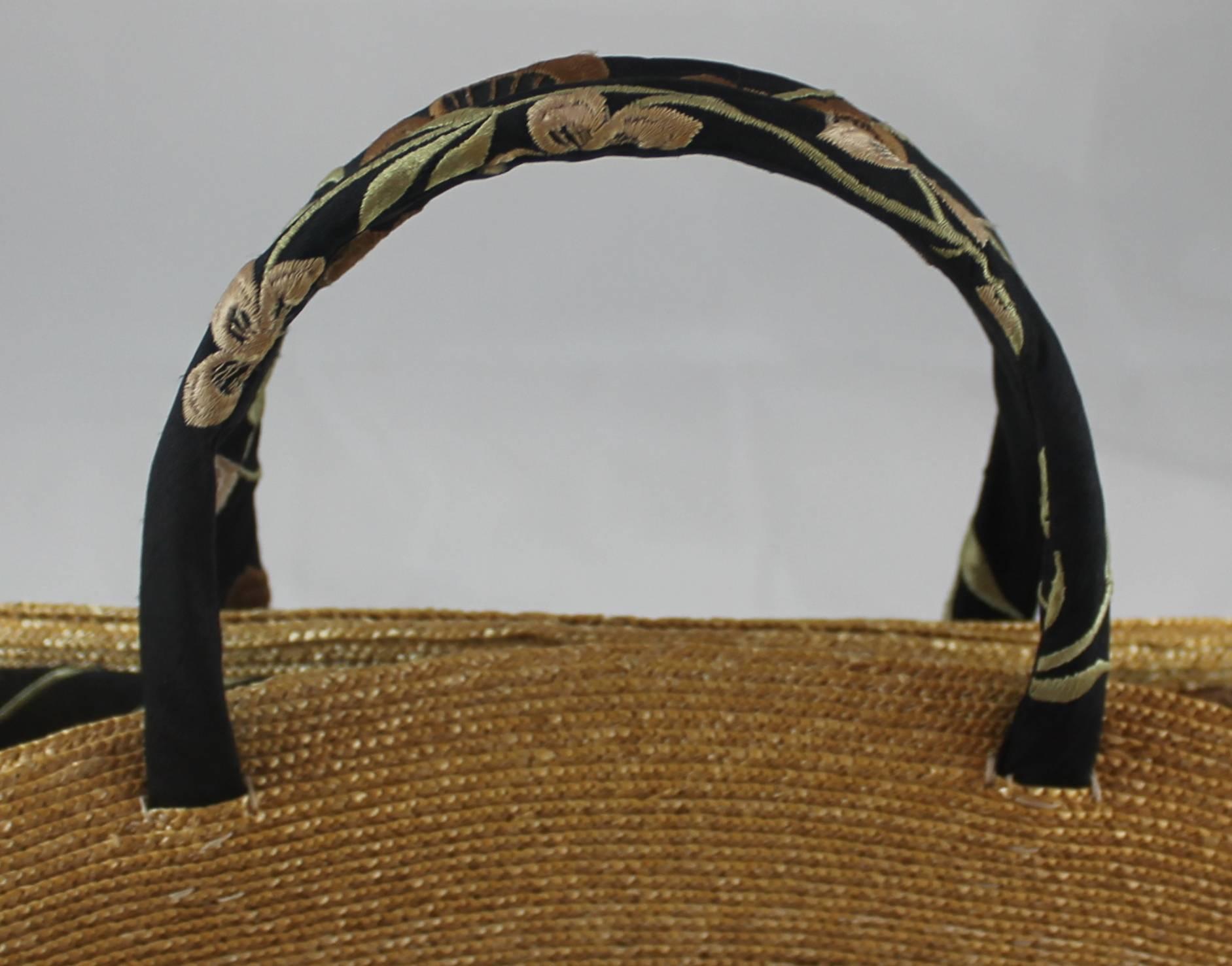 Women's Suzanne Couture Millinery Small Tan Woven Straw Bag with Floral Handles