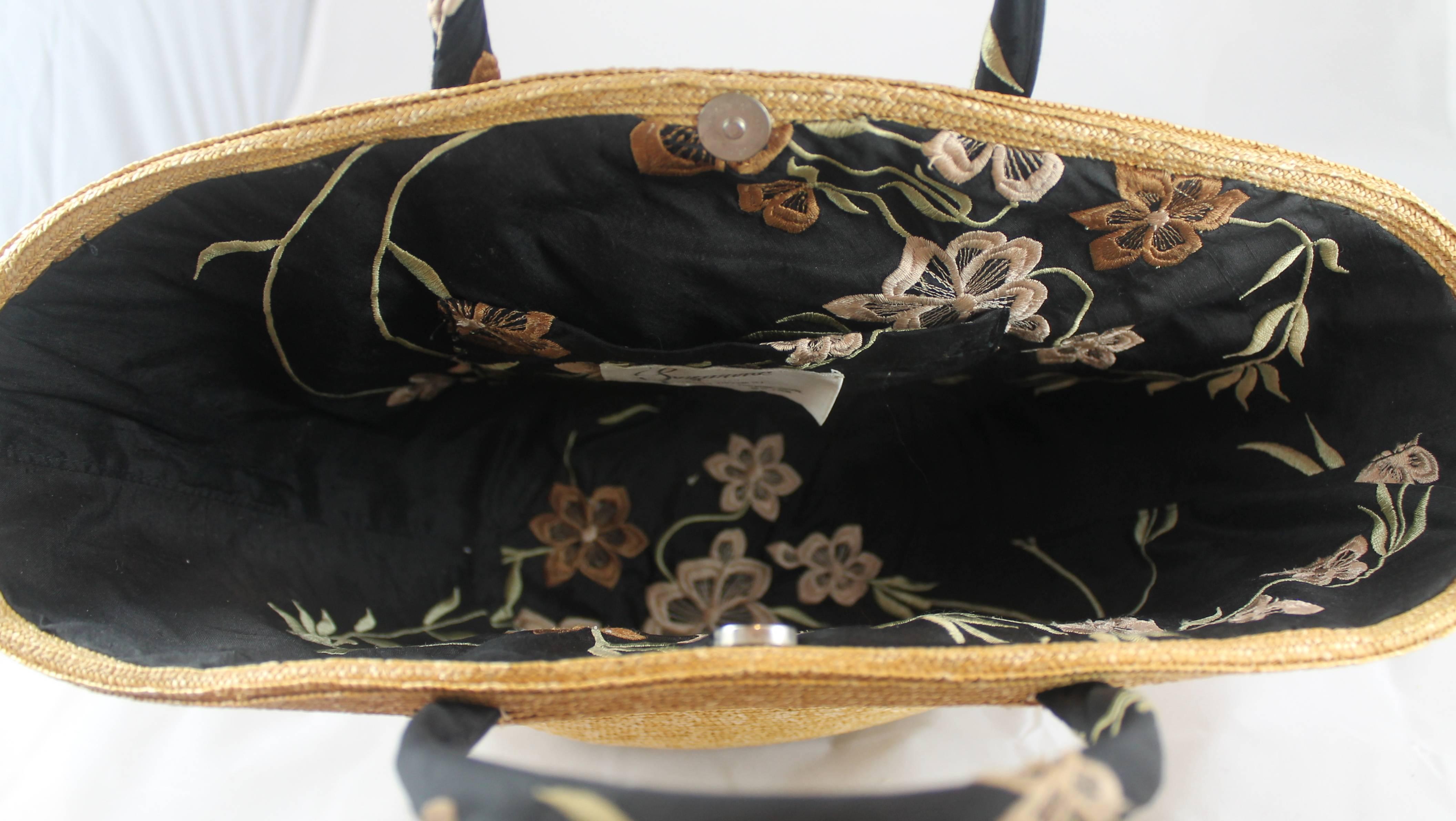 Suzanne Couture Millinery Small Tan Woven Straw Bag with Floral Handles 1