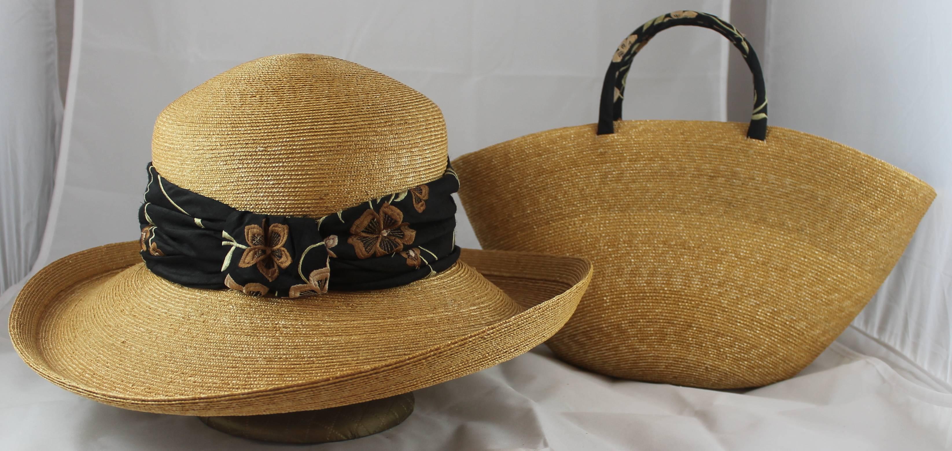 Suzanne Couture Millinery Small Tan Woven Straw Bag with Floral Handles 3
