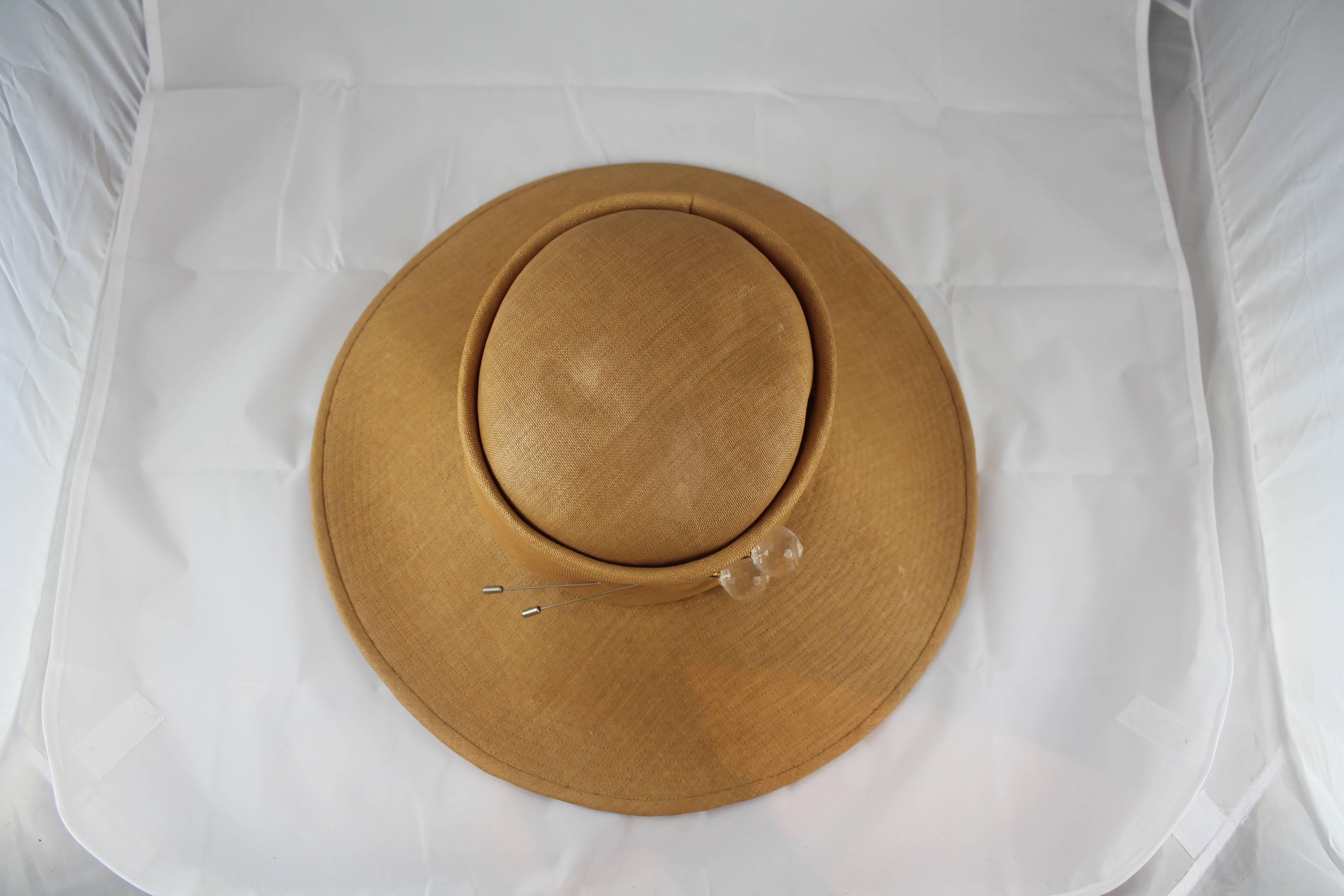 Women's or Men's Suzanne Couture Millinery Luggage Straw Hat with Lucite Pins 