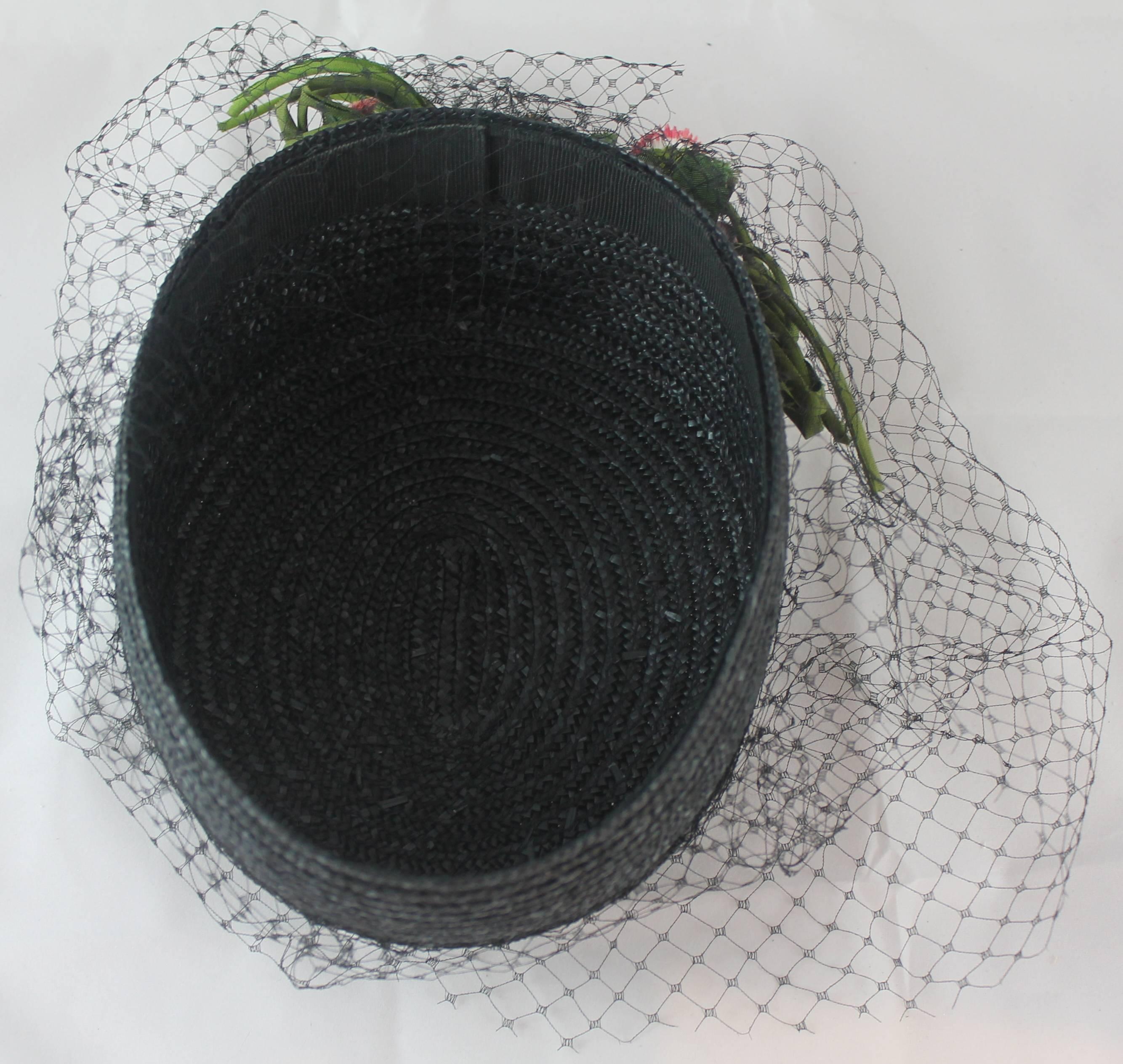 Vintage Black Straw Hat with Net and Plastic Fruit In Good Condition In West Palm Beach, FL