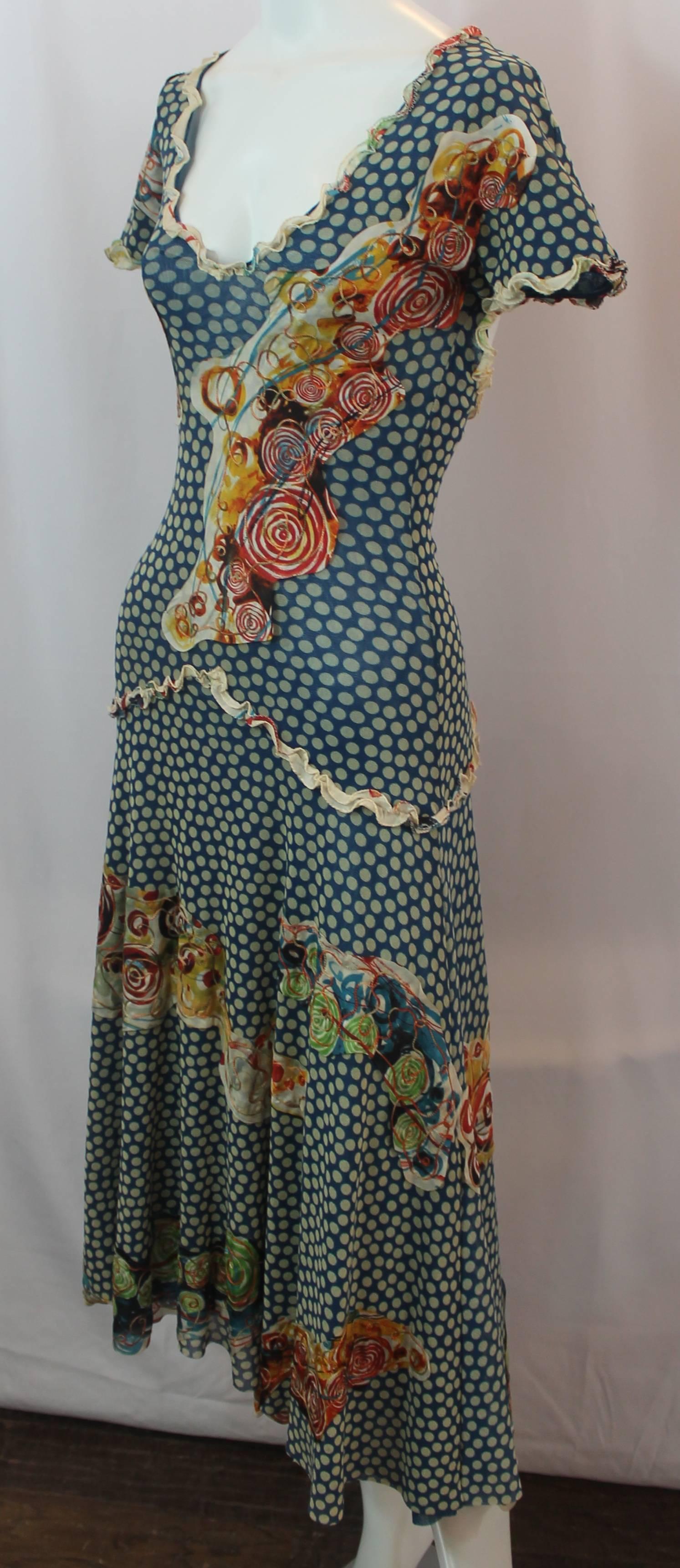 Jean Paul Gaultier Blue Polka Dot Dress with Embellishing - S - 1990's. This dress is in excellent vintage condition with very minor wear consistent with age. The short sleeve dress features a stretchy mesh material, thin ruffle trim and detailing,