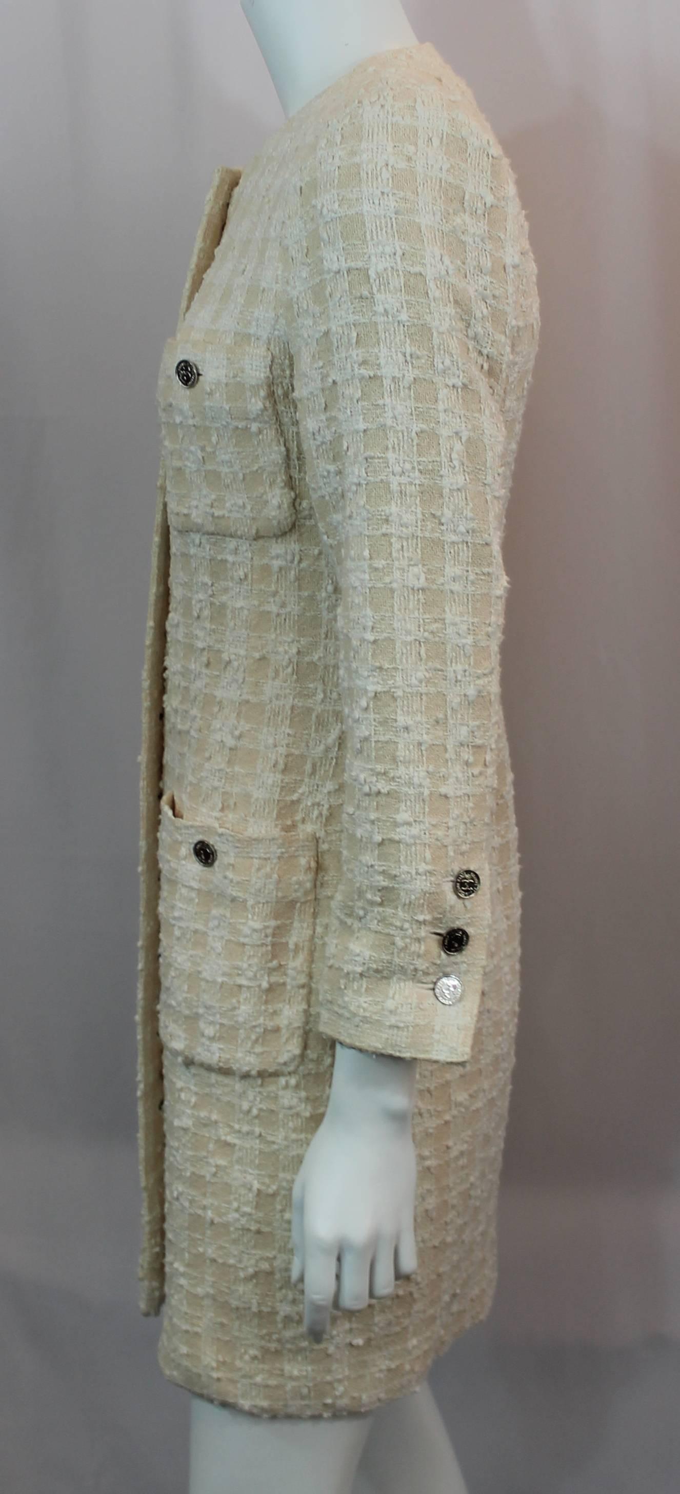 Gray Chanel Cream Cotton Blend Boucle 3/4 Coat with 4 Pockets - S - 1980's