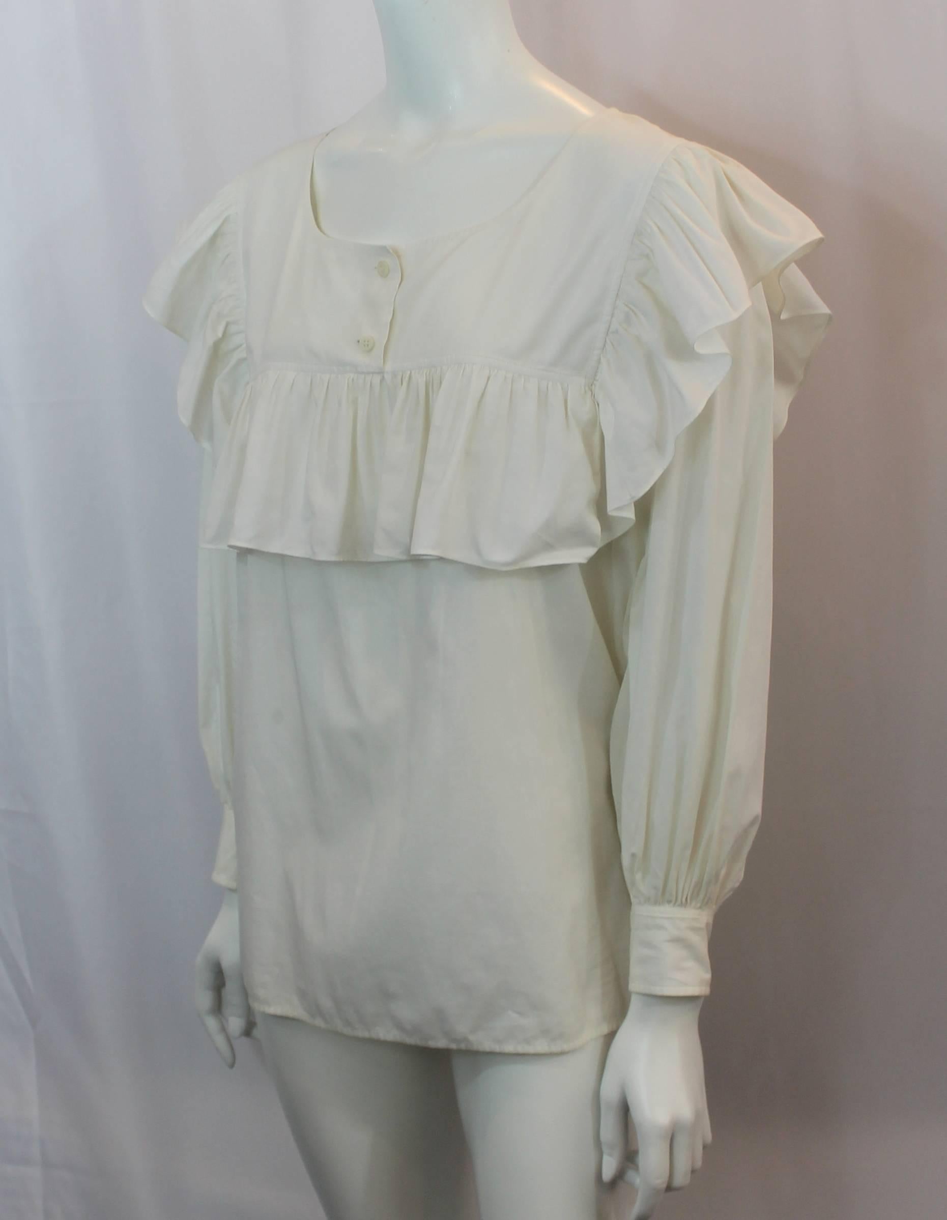 Yves Saint Laurent Off White Cotton Peasant Top - M - 1960's. This top is in very good vinatage condition with wear light for its age, with the exception of 2 small faint marks on the upper back shown in image 6. The top features a loose style, a
