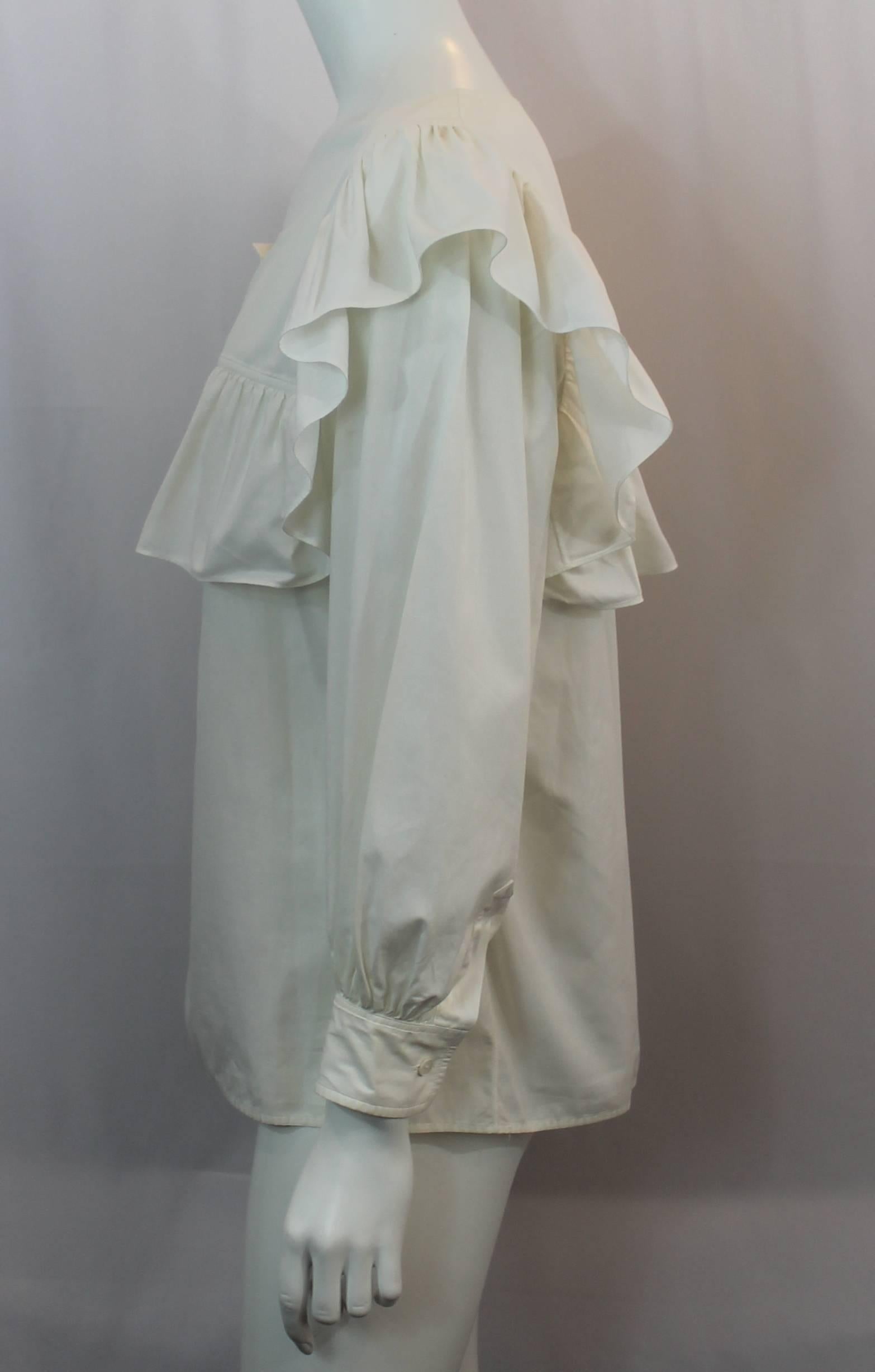 Gray Yves Saint Laurent Off White Cotton Peasant Top - M - 1960's