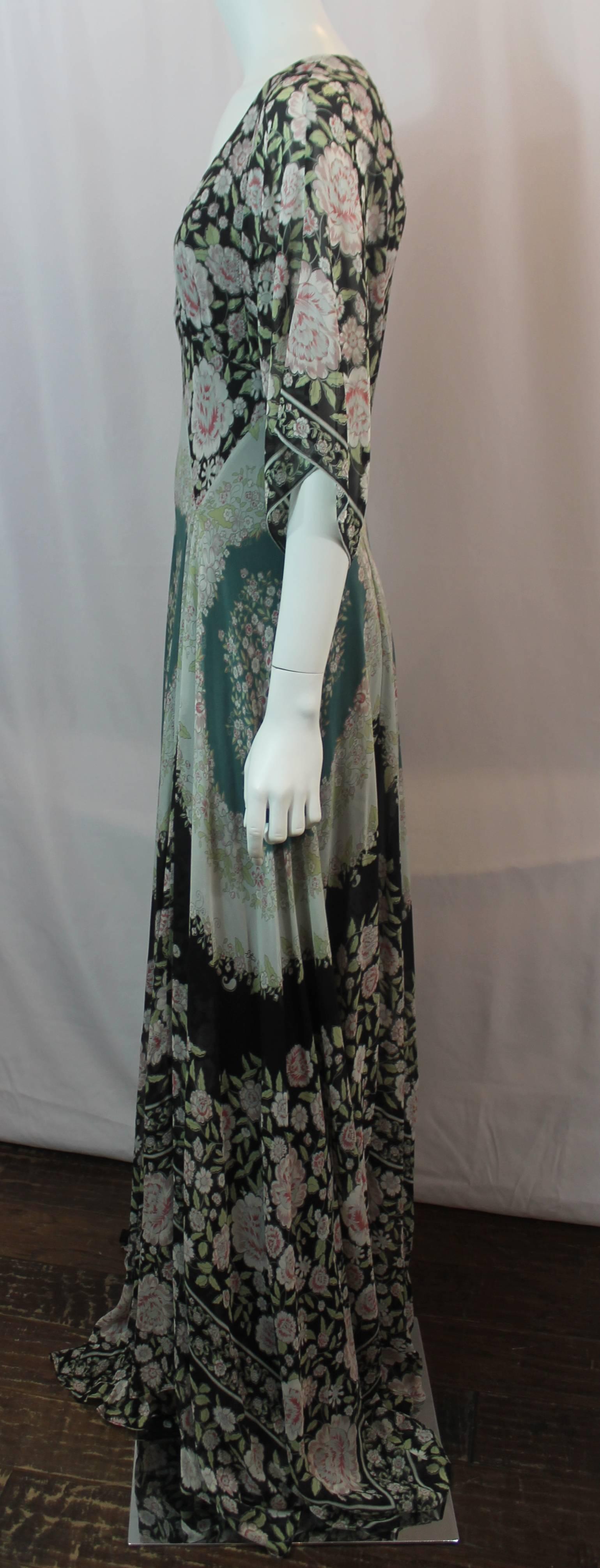 Gray Etro Multi-Color Printed Silk Chiffon Peasant Style Gown - 44