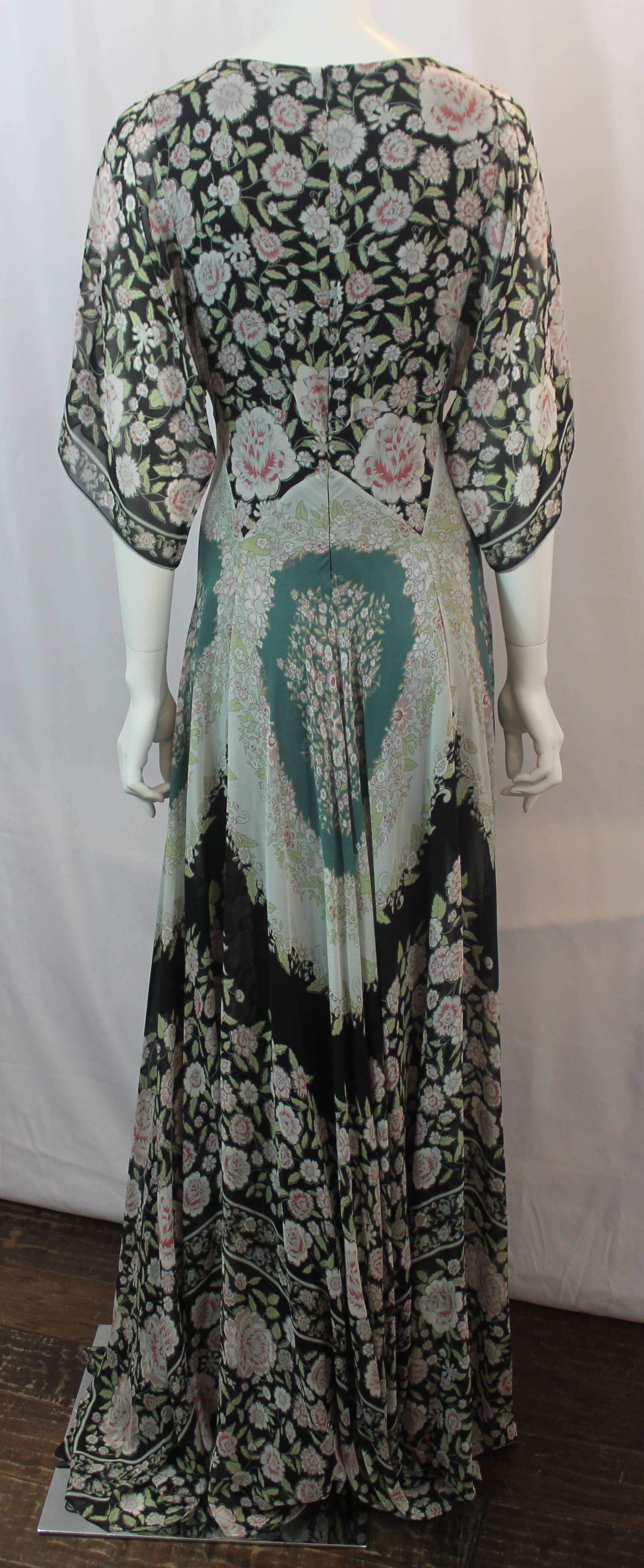 Etro Multi-Color Printed Silk Chiffon Peasant Style Gown - 44 In Excellent Condition In West Palm Beach, FL