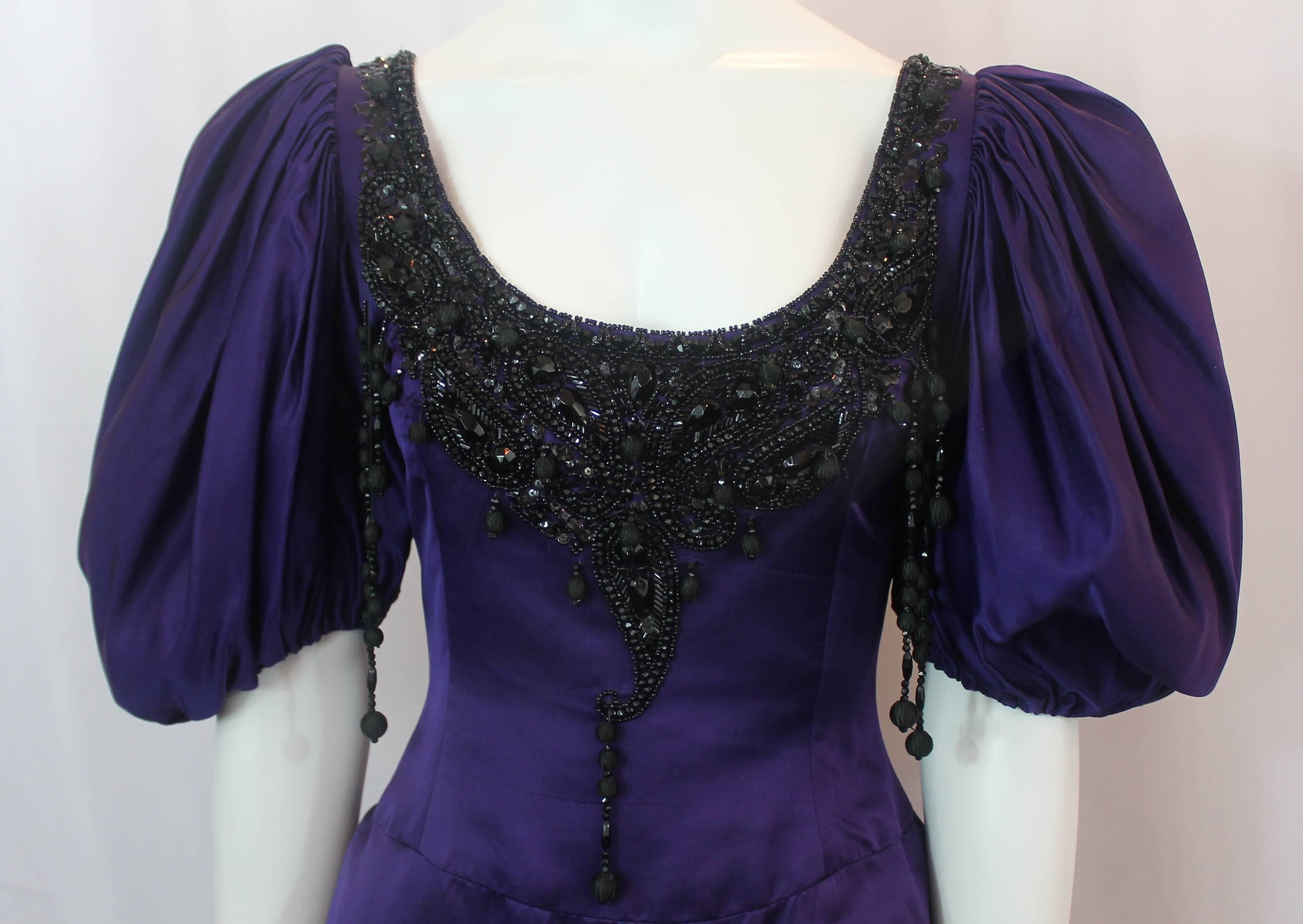 Black Oscar de la Renta Purple Silk Gown with Puffy Sleeves and Beading - 8 -circa 90s