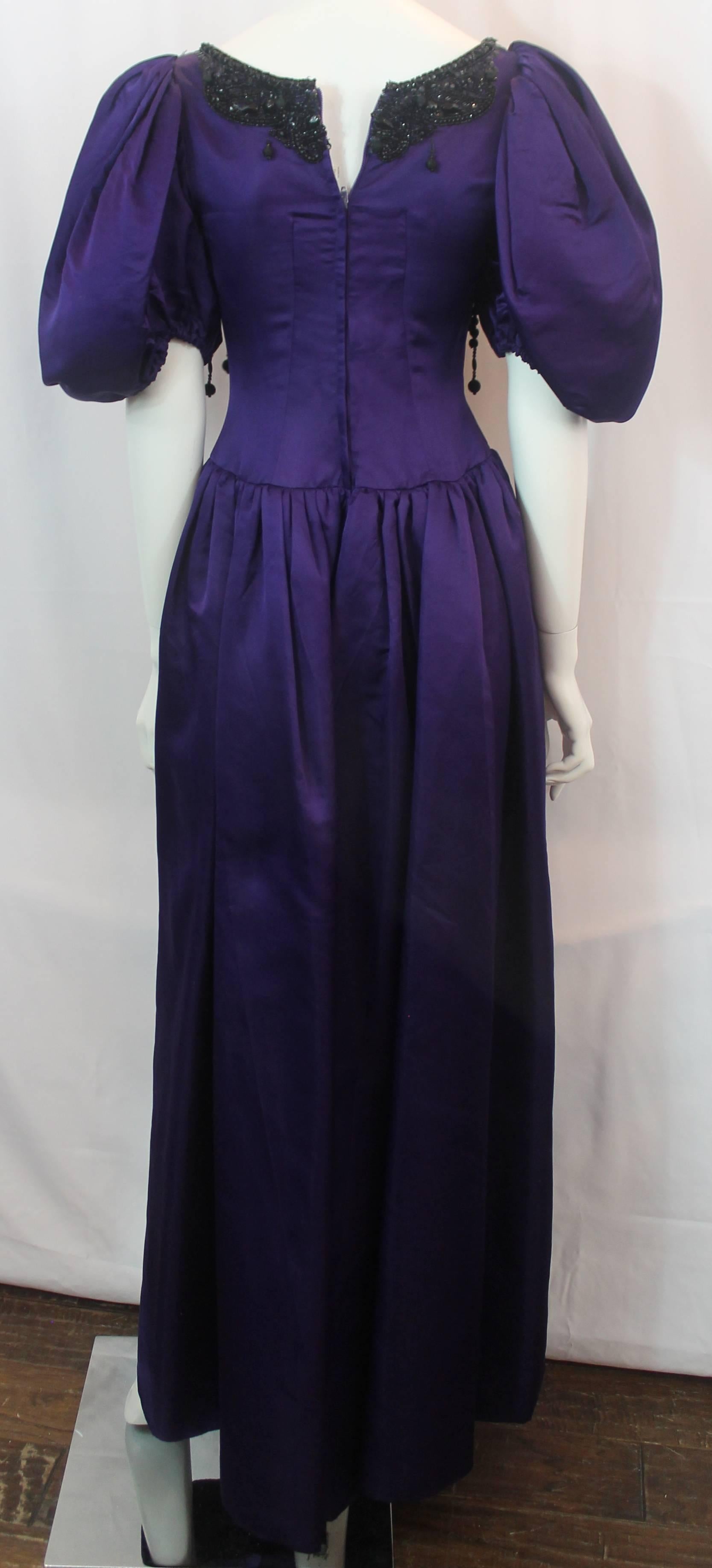 Women's Oscar de la Renta Purple Silk Gown with Puffy Sleeves and Beading - 8 -circa 90s