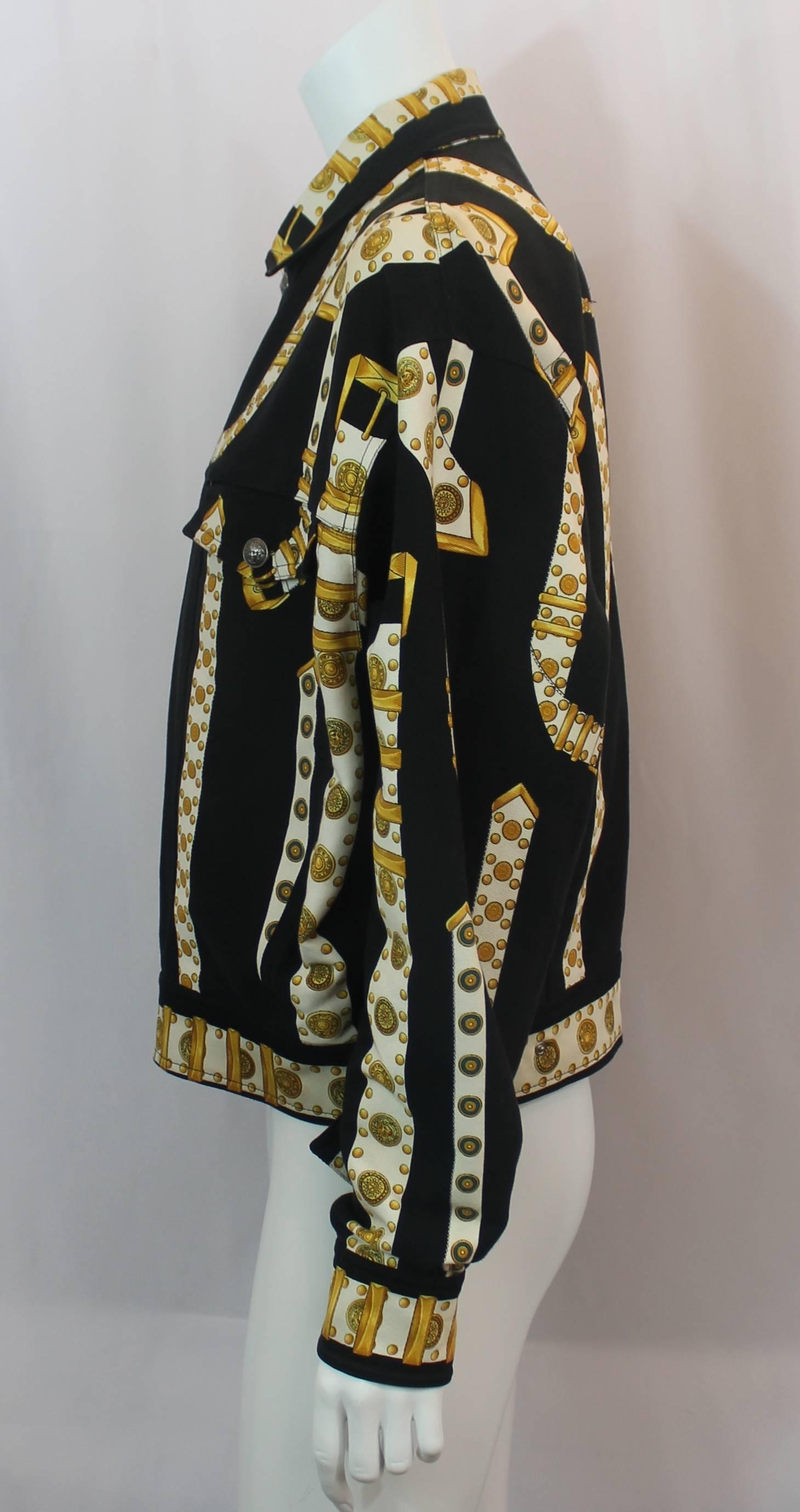 Versace Vintage Black/White/Gold Cotton Blend Studded Belt Print Jacket - 48 In Excellent Condition In West Palm Beach, FL