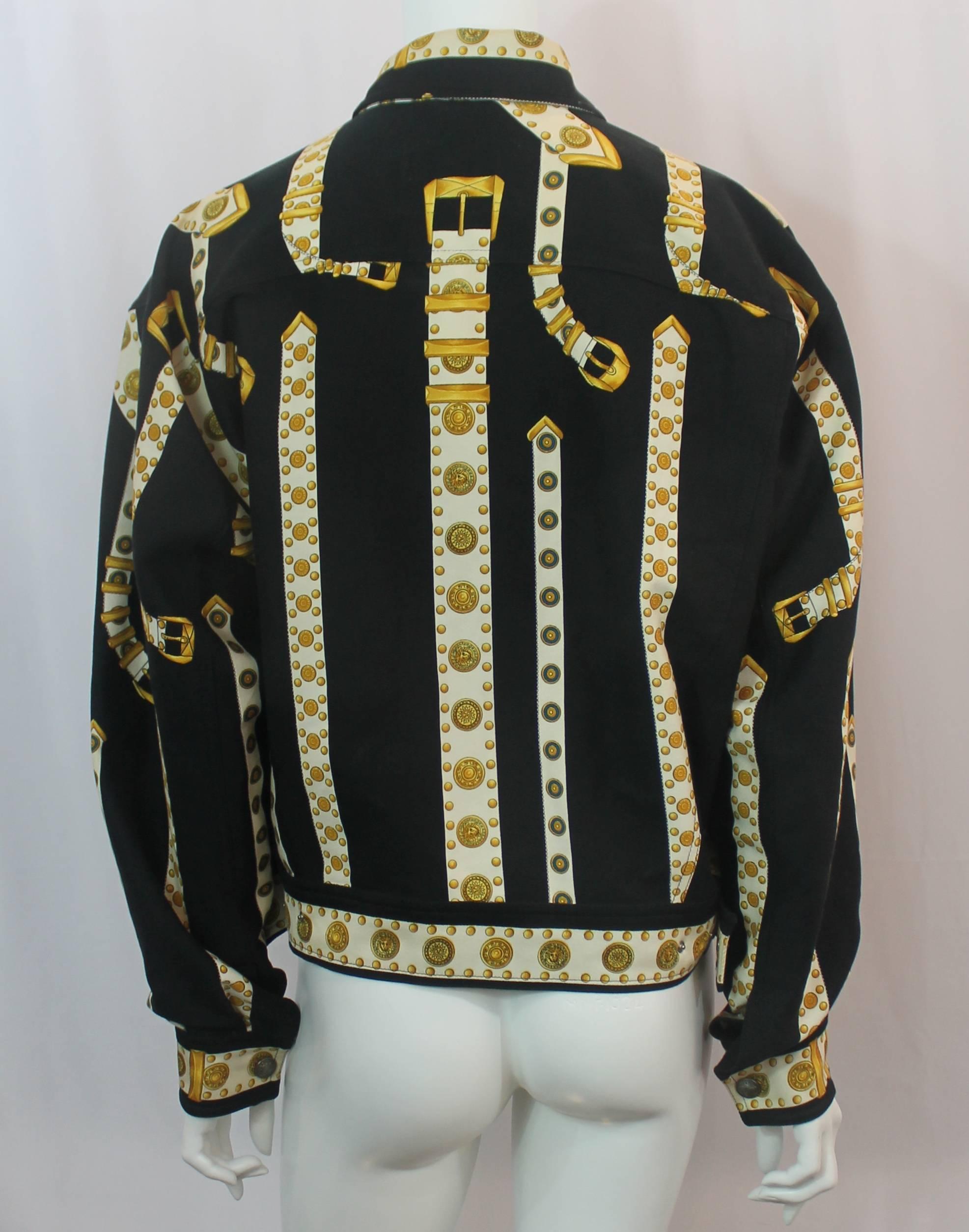 Women's or Men's Versace Vintage Black/White/Gold Cotton Blend Studded Belt Print Jacket - 48