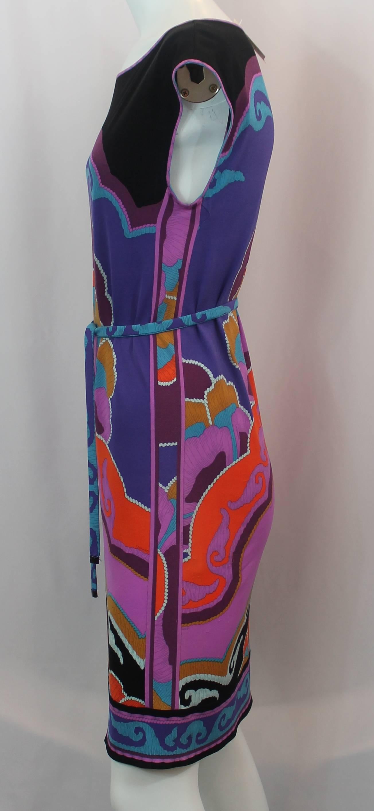 Black Leonard Multi-Colored Silk Jersey Moroccan Print Sleeveless Dress - 36