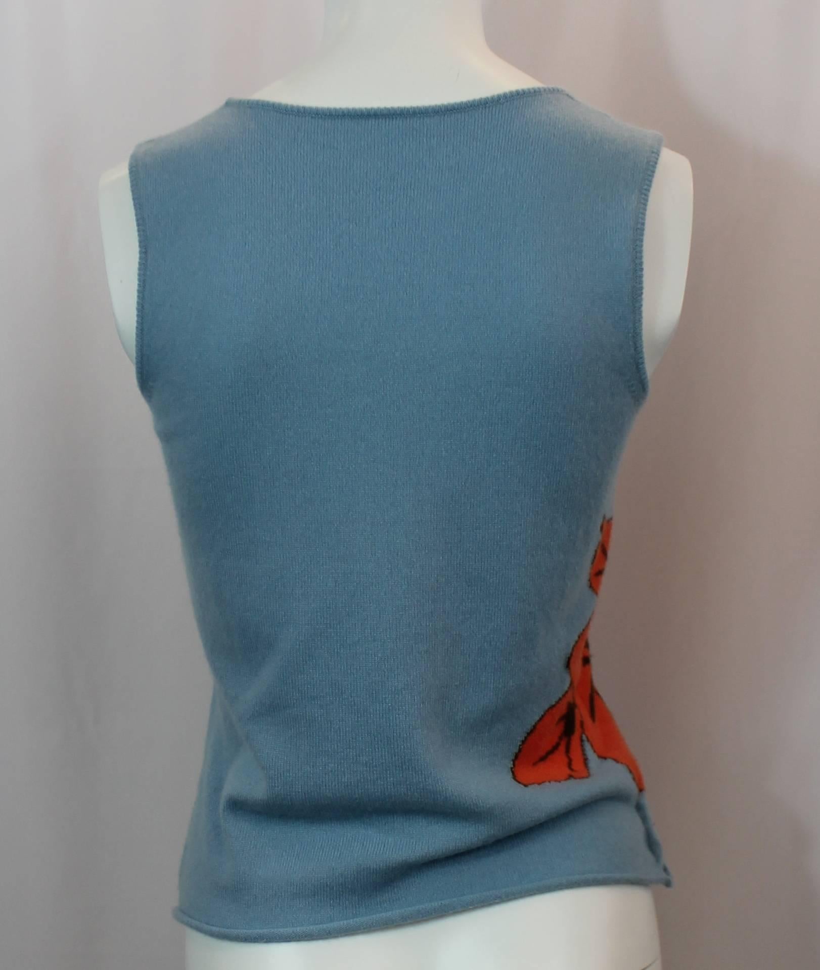 Women's Lucien Pellat-Finet Sleeveless Blue Tropical Print Cashmere Top - S