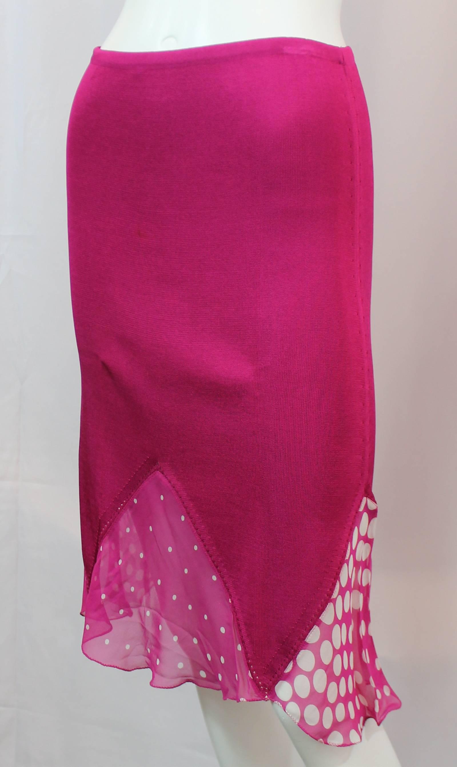 Christian Lacroix Vintage Magenta Knitted Skirt - 4 - 1990's. This fun knitted skirt is magenta with polka dot silk chiffon detail at the bottom. There is an elastic band at the waist and some perforation detailing. It is in excellent