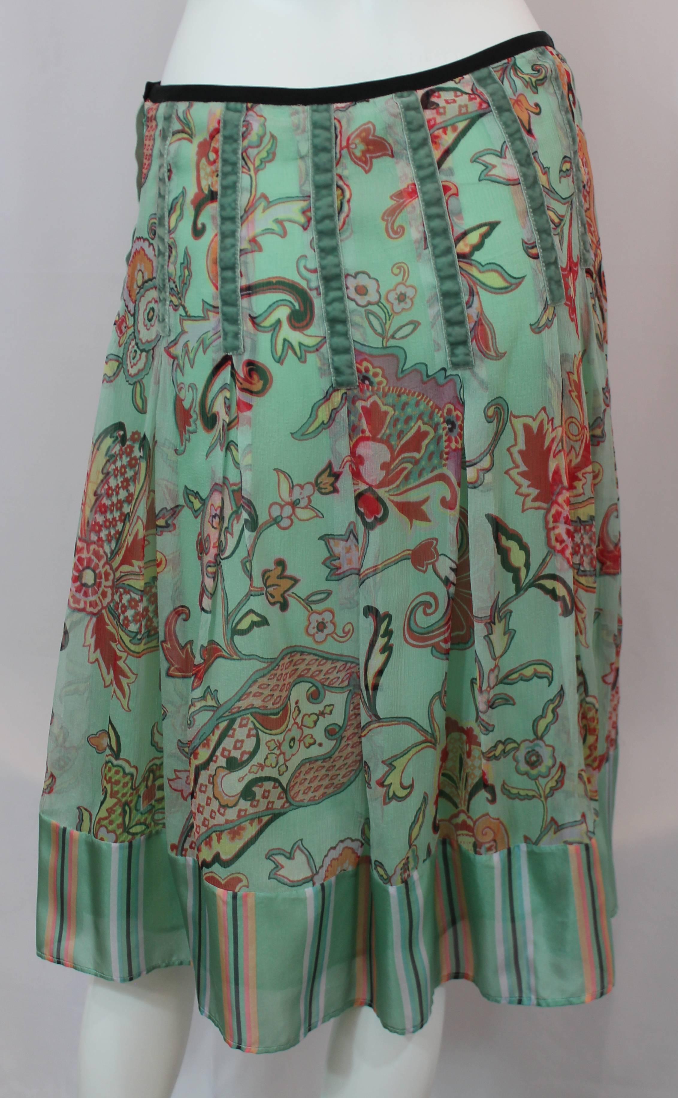 Gray Etro Seafoam Silk Chiffon Paisley Print Skirt with Striped Silk Bottom - 42